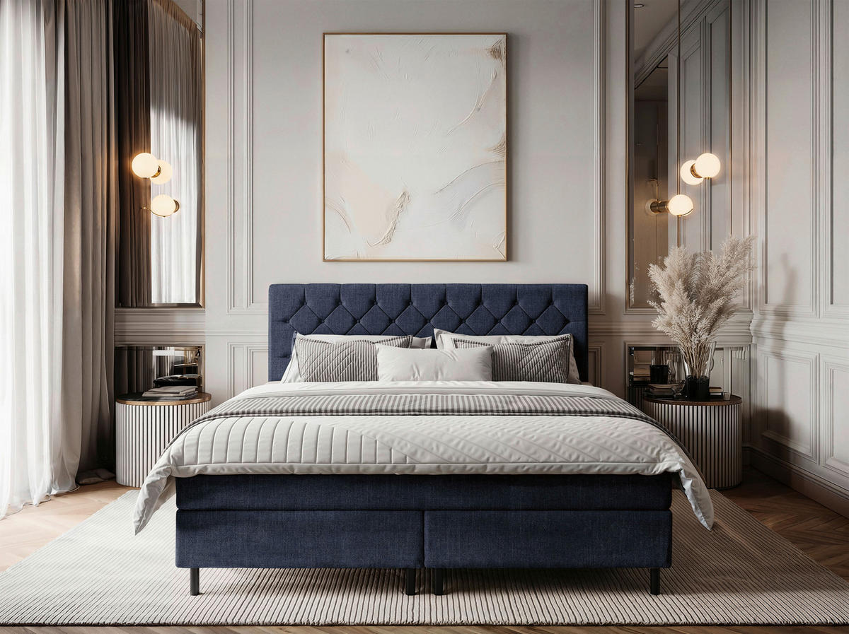 BOXSPRINGBETT 160/200 cm,  in Dunkelblau, Matratze, Topper, H2 + H2 = mittel  - Schwarz/Dunkelblau, KONVENTIONELL, Textil/Metall (160/200cm) - Chameo