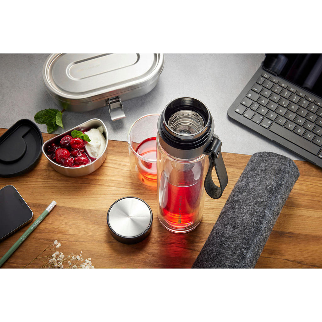 Thumbnail - Gefu Trinkflasche Companion, Grau, Schwarz, Edelstahl, Glas, Textil, 0,450 L, 8x8x28 cm, doppelwandig, Tragegriff, 100% ...