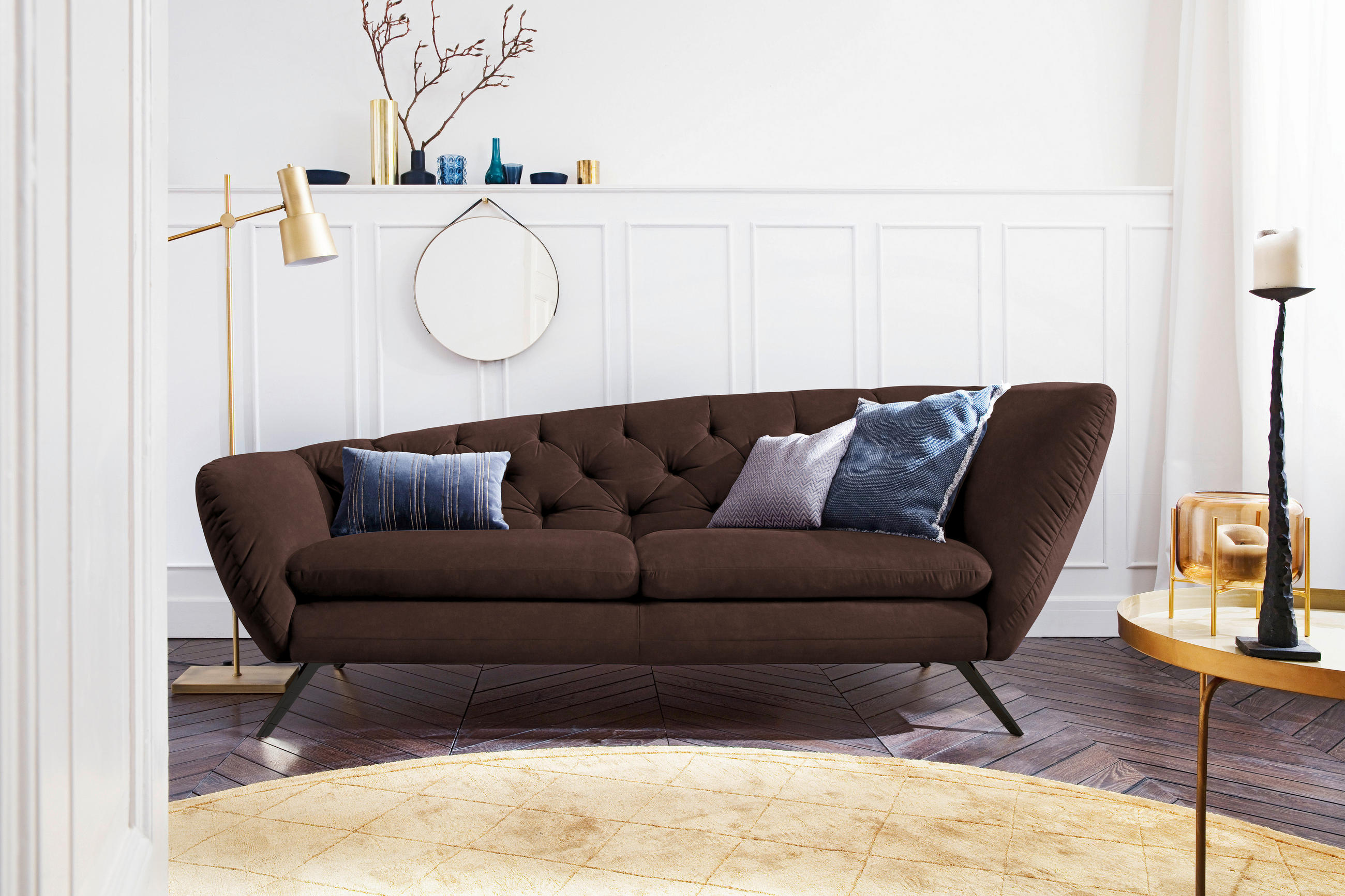 CHESTERFIELD-SOFA in Mikrofaser Braun, Schwarz  - Schwarz/Braun, Design, Textil/Metall (223/84/90cm) - Pure Home Lifestyle