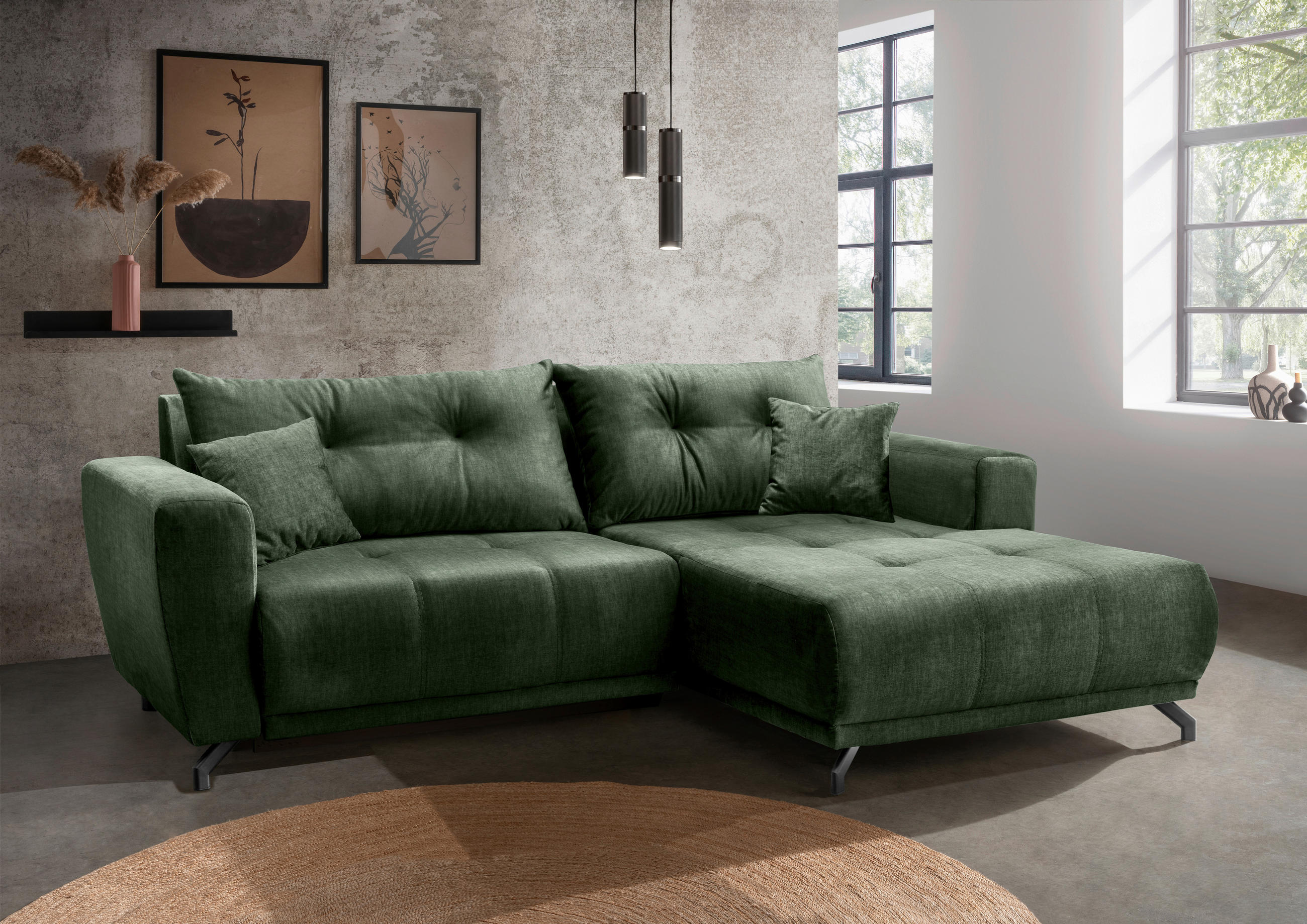 ECKSOFA in Velours Dunkelgrün - Dunkelgrün/Schwarz, Modern, Textil/Metall (246/177cm) - MID.YOU