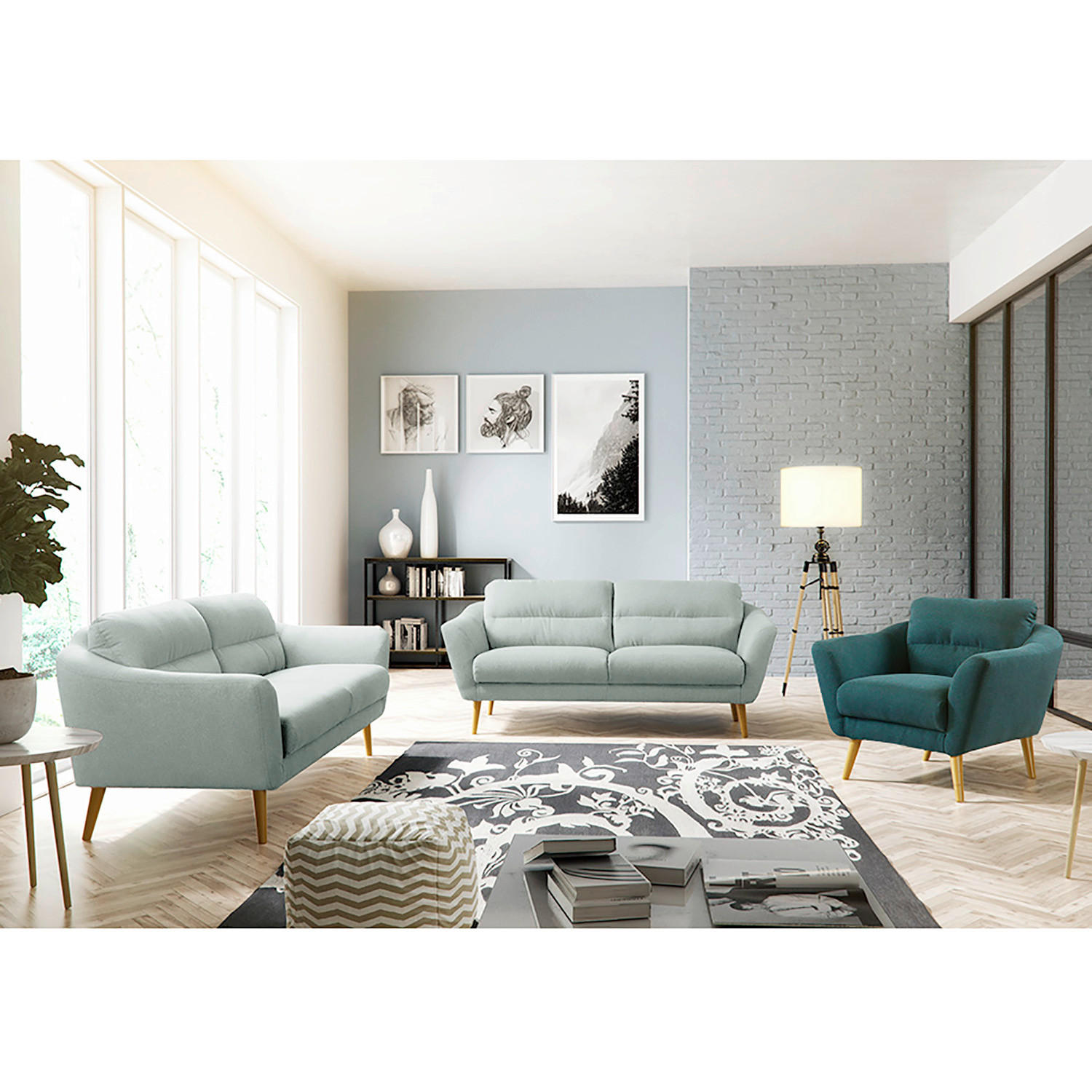 2,5-SITZER Webstoff Hellblau  - Buchefarben/Hellblau, Design, Holz/Textil (187/87/88cm) - Livetastic