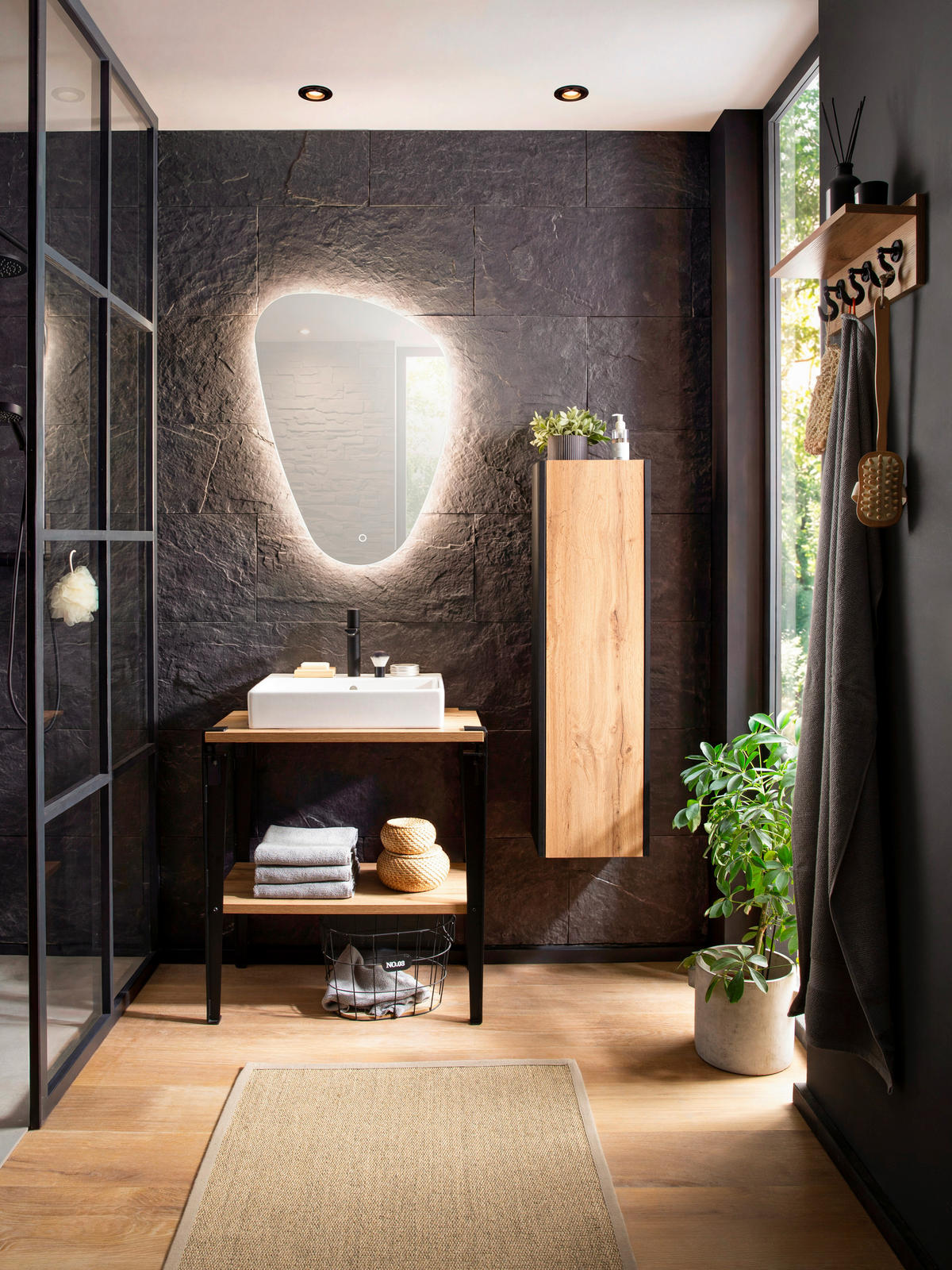 WASCHTISCHKOMBI 76 cm  - Eichefarben/Schwarz, KONVENTIONELL, Keramik/Holzwerkstoff (76cm)