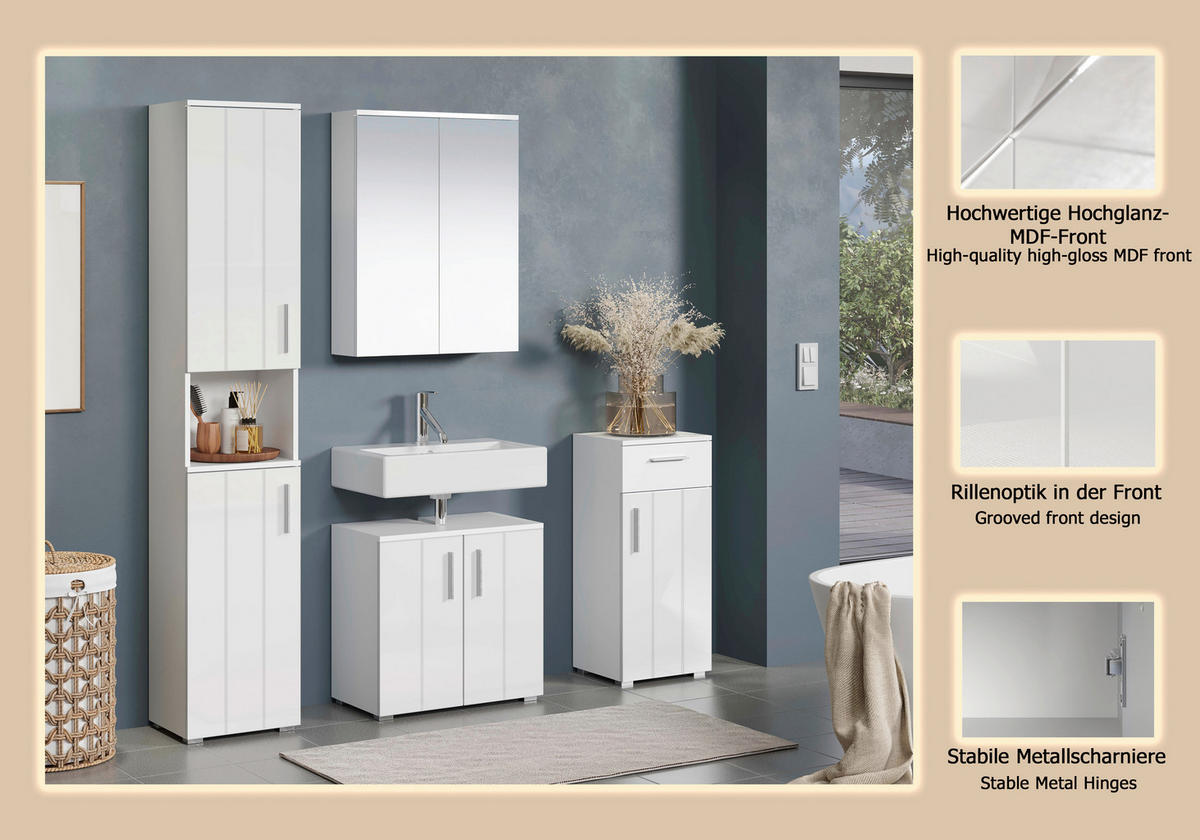 BADEZIMMER 4-teilig  in 164 cm  - Weiß Hochglanz/Silberfarben, Trend, Glas/Holzwerkstoff (164cm) - MID.YOU