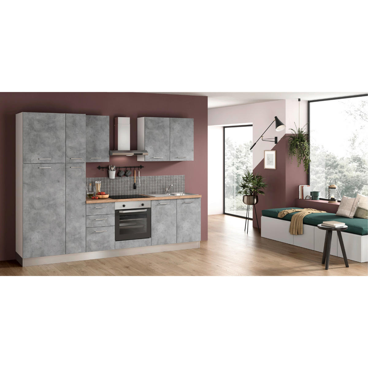 KÜCHENBLOCK 285 cm   in Hellgrau  - Honigeiche/Hellgrau, LIFESTYLE, Holzwerkstoff/Kunststoff (285cm) - MID.YOU