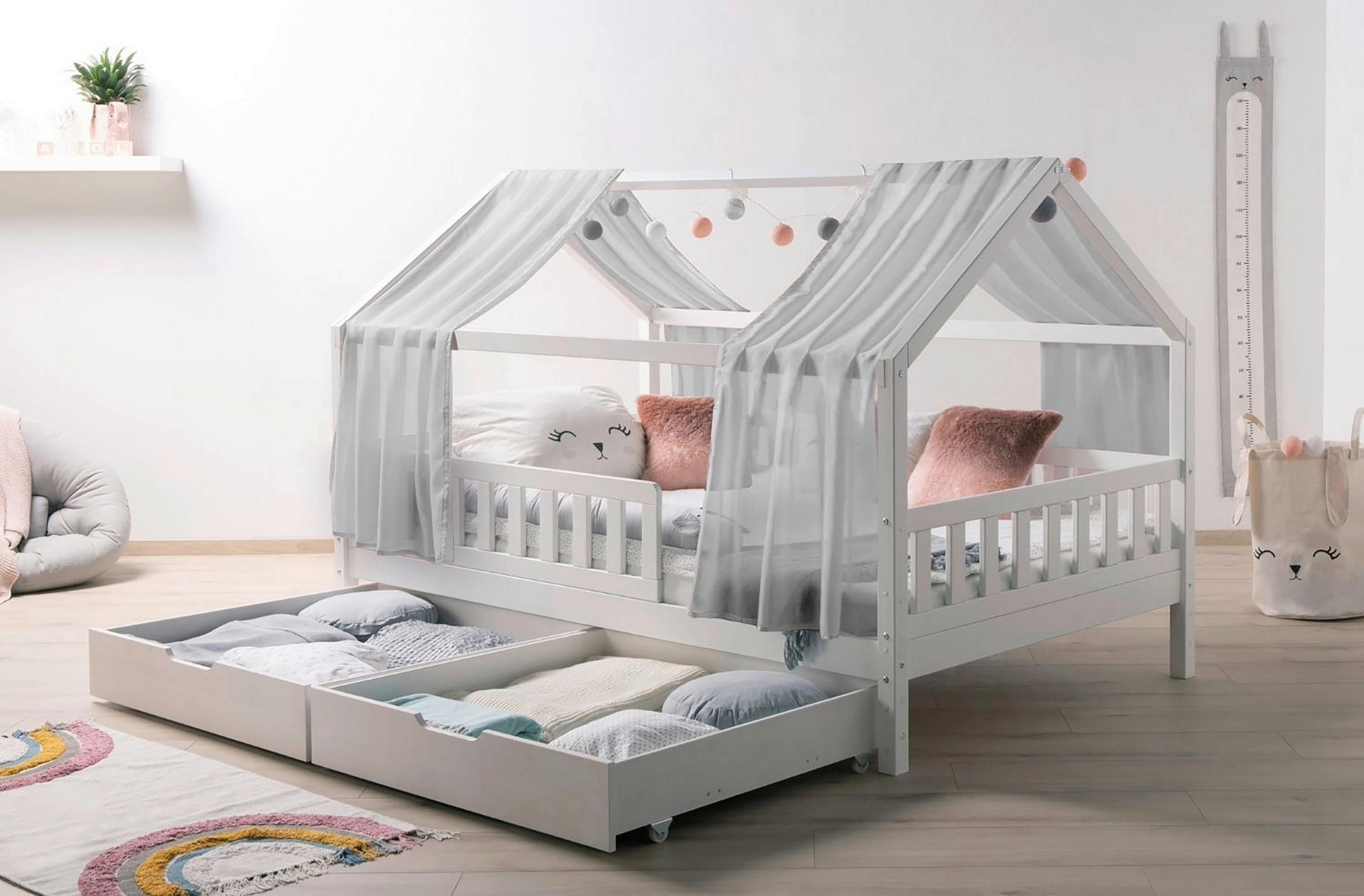 HAUSBETT 100/200 cm,  in Grau, Weiß  - Naturfarben/Weiß, MODERN, Holz/Textil (100/200cm) - MID.YOU