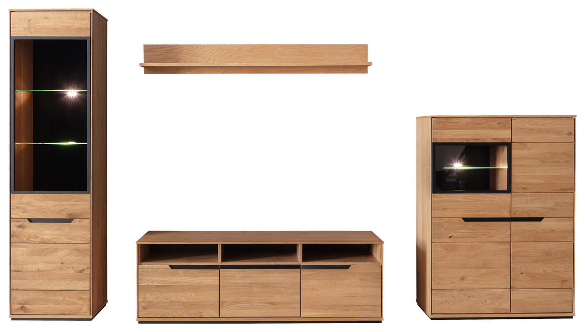 WOHNWAND 4-teilig  in Wildeiche  338/196/46 cm    - Wildeiche/Eichefarben, Natur, Glas/Holz (338/196/46cm) - Linea Natura
