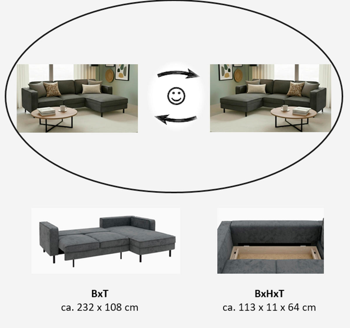 ECKSCHLAFSOFA WATKINS  mit Schlafen auf Sitzhöhe, Rücken echt, Armteil links, Armteil rechts Cord Dunkelgrau  - Dunkelgrau/Schwarz, MODERN, Textil/Metall (232/161cm) - Trendmanufaktur