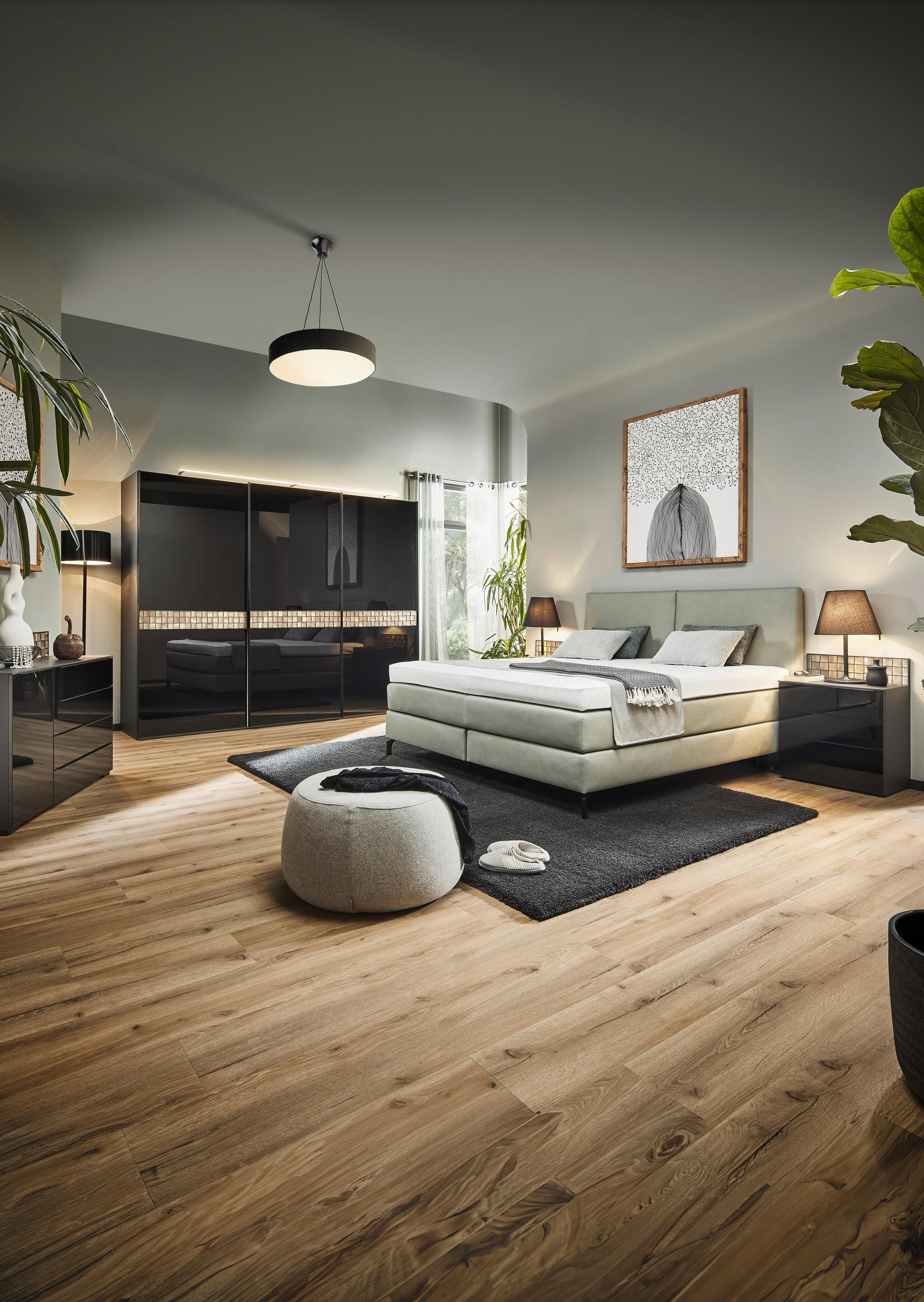 SCHWEBETÜRENSCHRANK in Anthrazit, Schwarz, Eichefarben  - Eichefarben/Anthrazit, Design, Glas/Holz (298/240/68cm) - Dieter Knoll