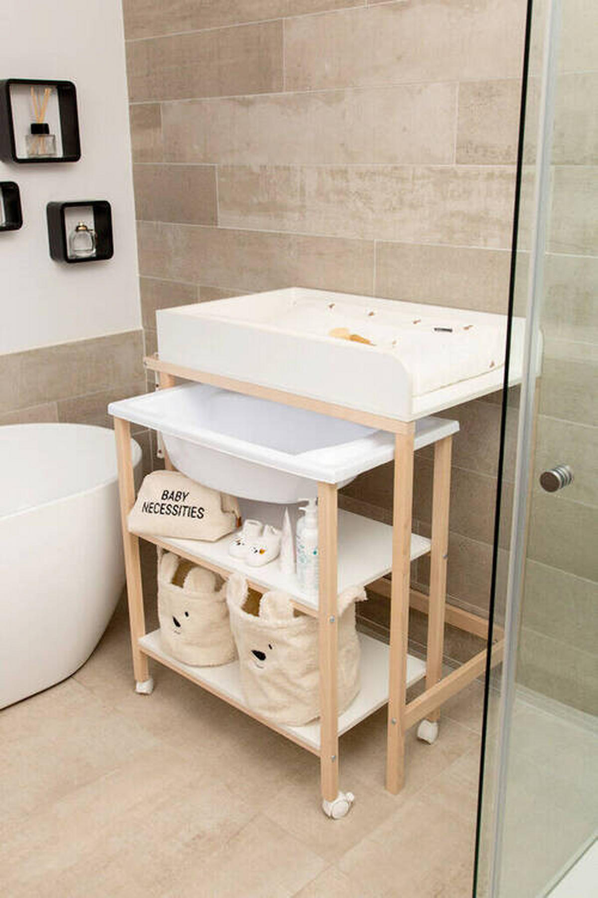 WICKELTISCH 2in1 Set Wickeltisch + Badewanne Weiß, Buchefarben  - Buchefarben/Weiß, KONVENTIONELL, Holzwerkstoff/Kunststoff (91,5/53,5/106,5cm) - Childhome