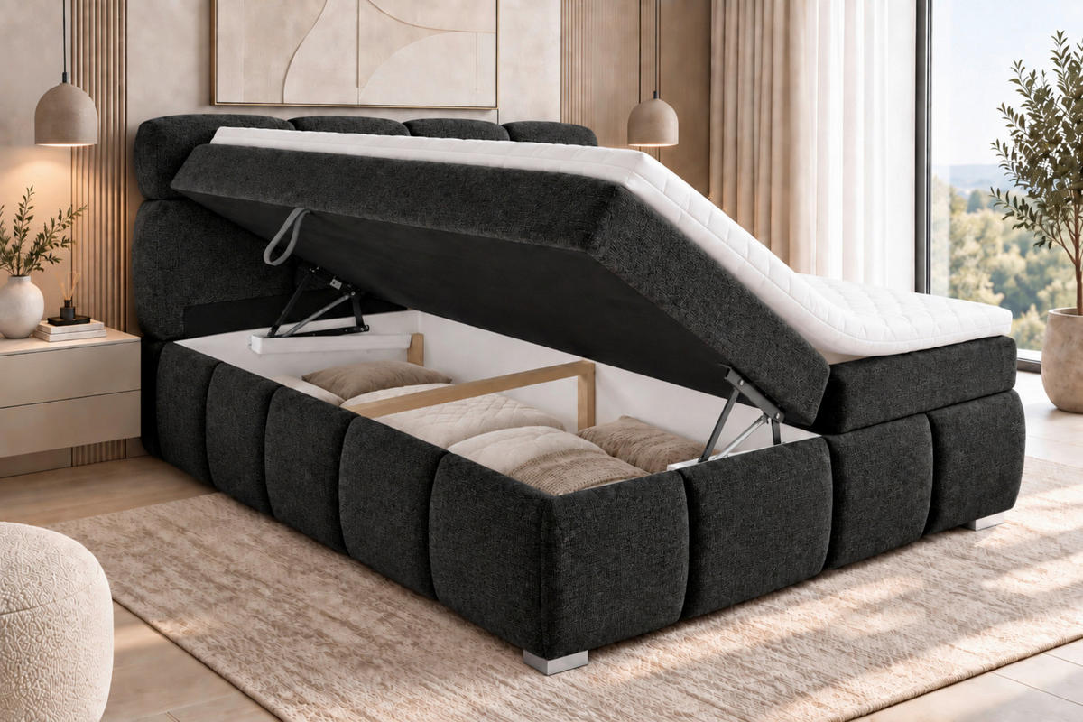 BOXBETT 140/200 cm,  in Schwarz, Bettkasten, Topper,  - Chromfarben/Schwarz, MODERN, Holz/Kunststoff (140/200cm) - MID.YOU