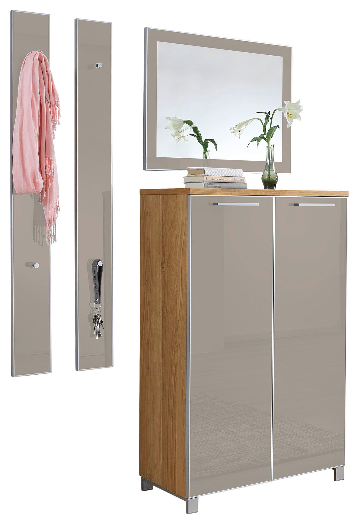 GARDEROBE 4-teilig  in 135/195/37 cm  - Taupe/Eichefarben, Design, Glas/Holz (135/195/37cm)