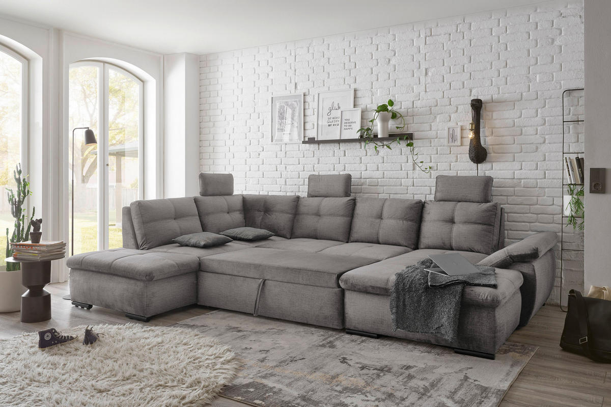 WOHNLANDSCHAFT in Mikrovelours Hellgrau  - Hellgrau/Schwarz, Konventionell, Kunststoff/Textil (217/334/127cm) - Carryhome