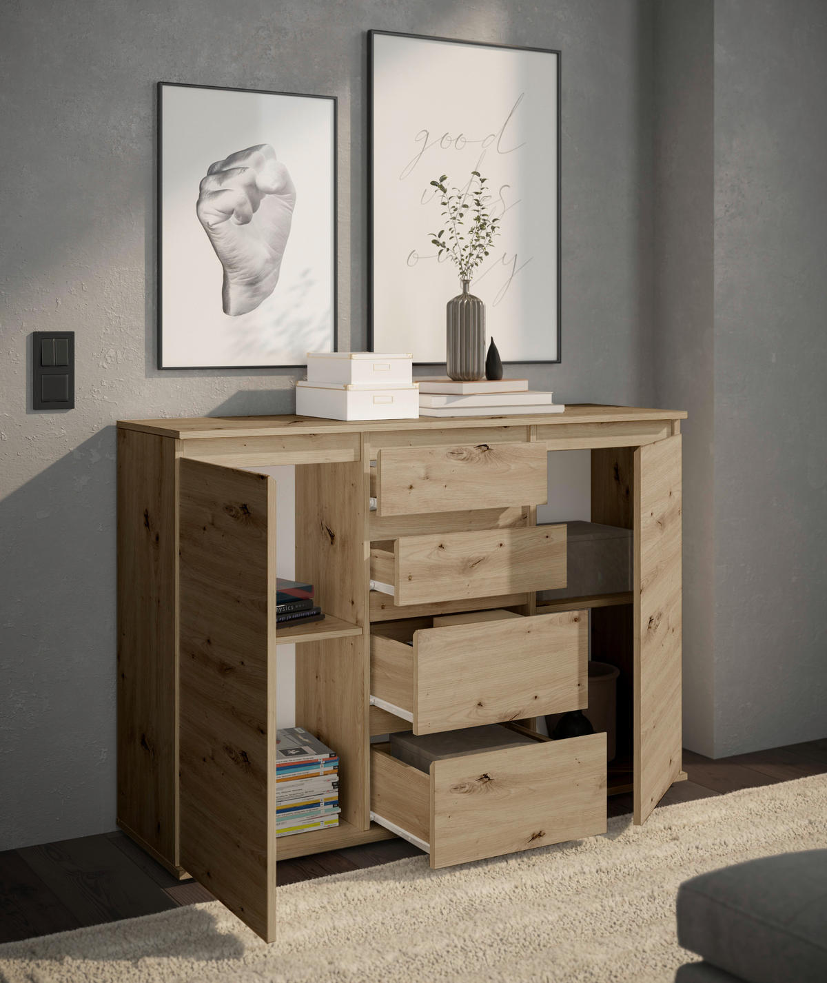 KOMMODE Brest, 119/84/35 cm, 4 Schublade(n)  - Eiche Artisan/Grau, Design, Holzwerkstoff/Kunststoff (119/84/35cm) - Boxxx