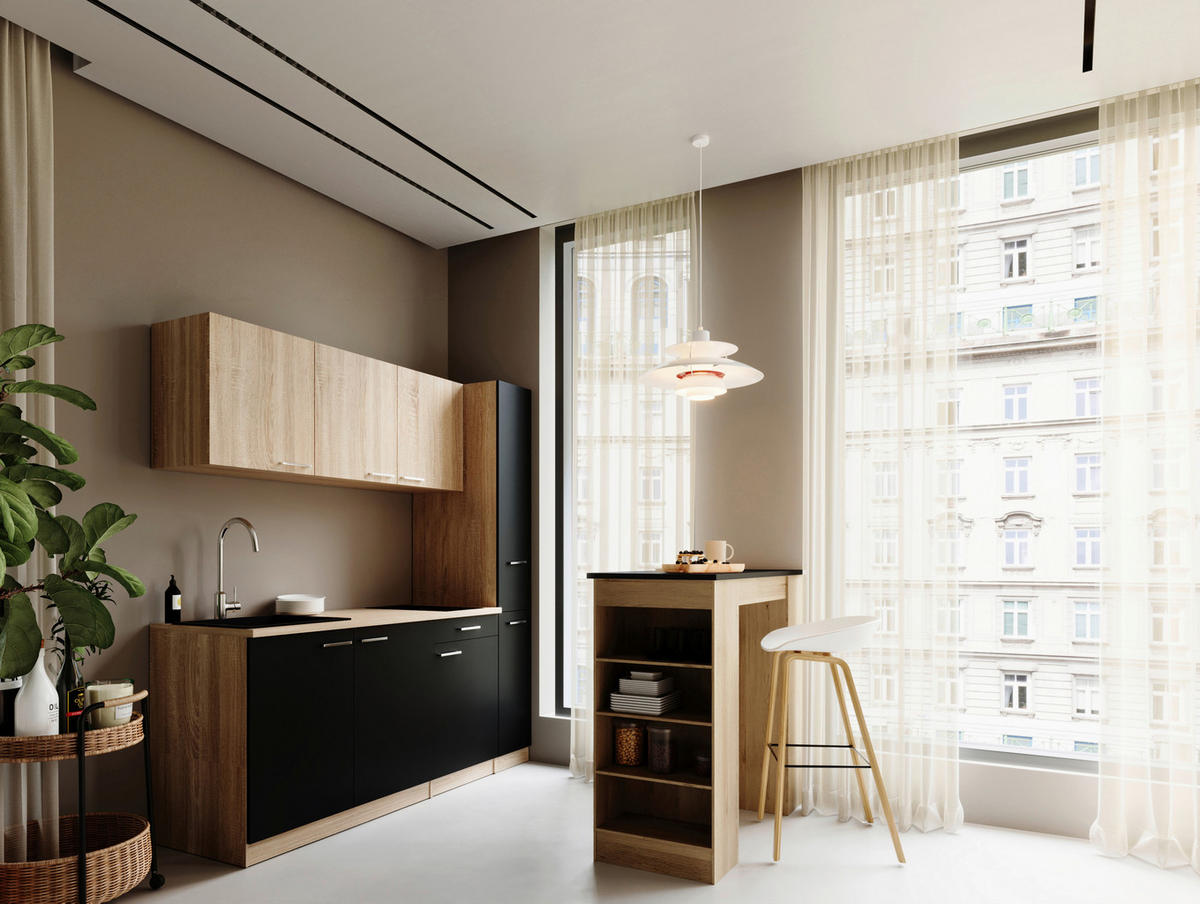 KUHINJSKI BLOK - črna/barve hrasta, Design, umetna masa/leseni material (180cm) - Respekta