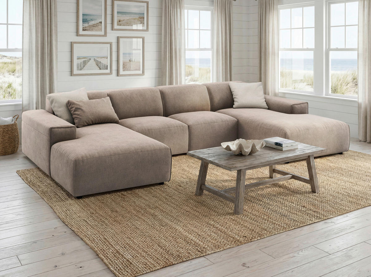 WOHNLANDSCHAFT Taupe Chenille  - Taupe/Schwarz, MODERN, Kunststoff/Textil (189/340/189cm) - Pure Home Lifestyle