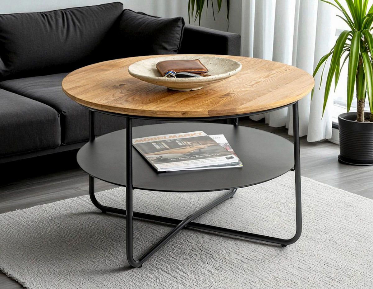 BEISTELLTISCH 70/70/45 cm Eiche massiv Schwarz, Eichefarben rund  - Eichefarben/Schwarz, Design, Holz/Metall (70/70/45cm)