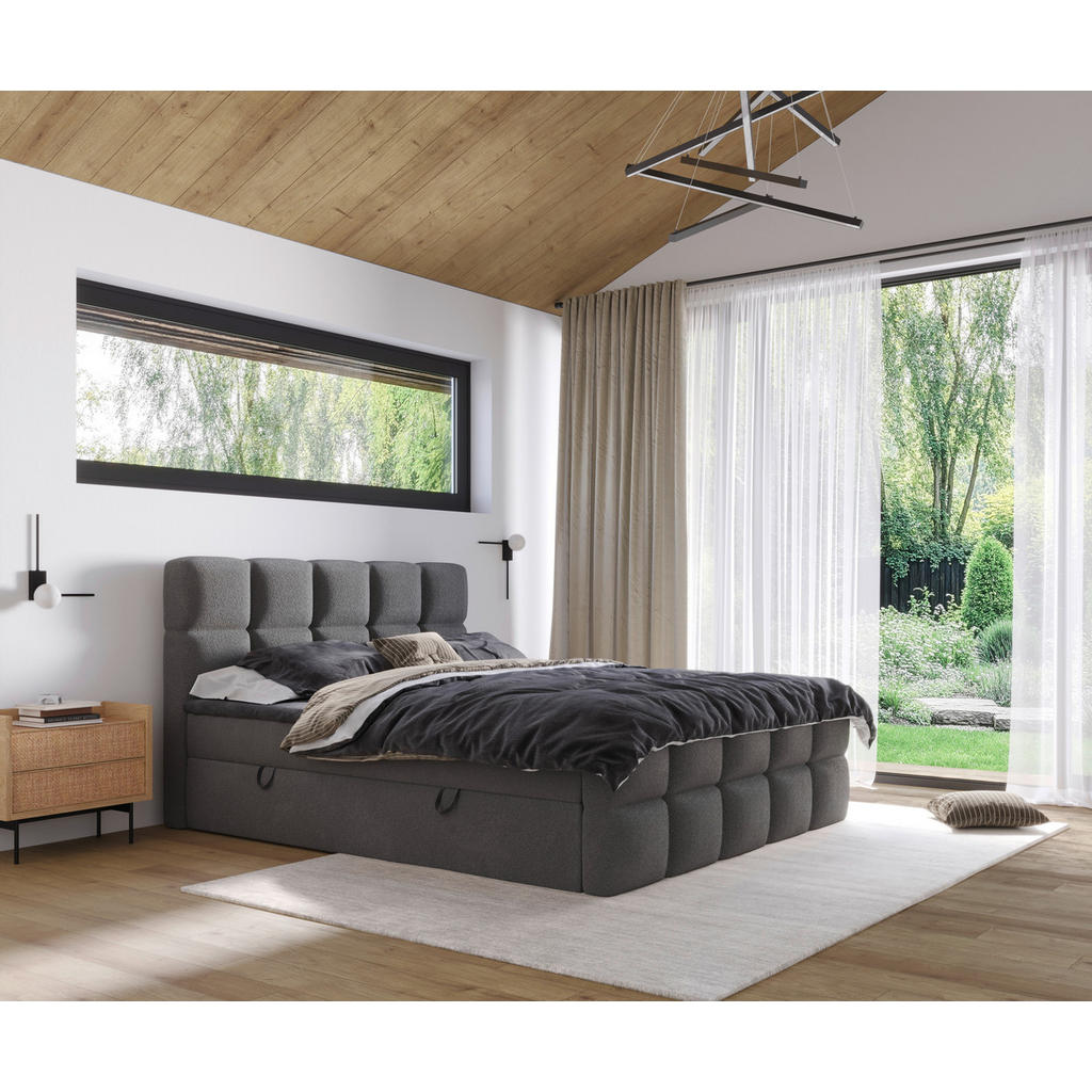 Thumbnail - Xora Boxbett, Dunkelgrau, Textil, H3, Höhe ca. 20 cm, 180x200 cm, gepolstertes Kopfteil, Stoffauswahl, Topper durchgehen...