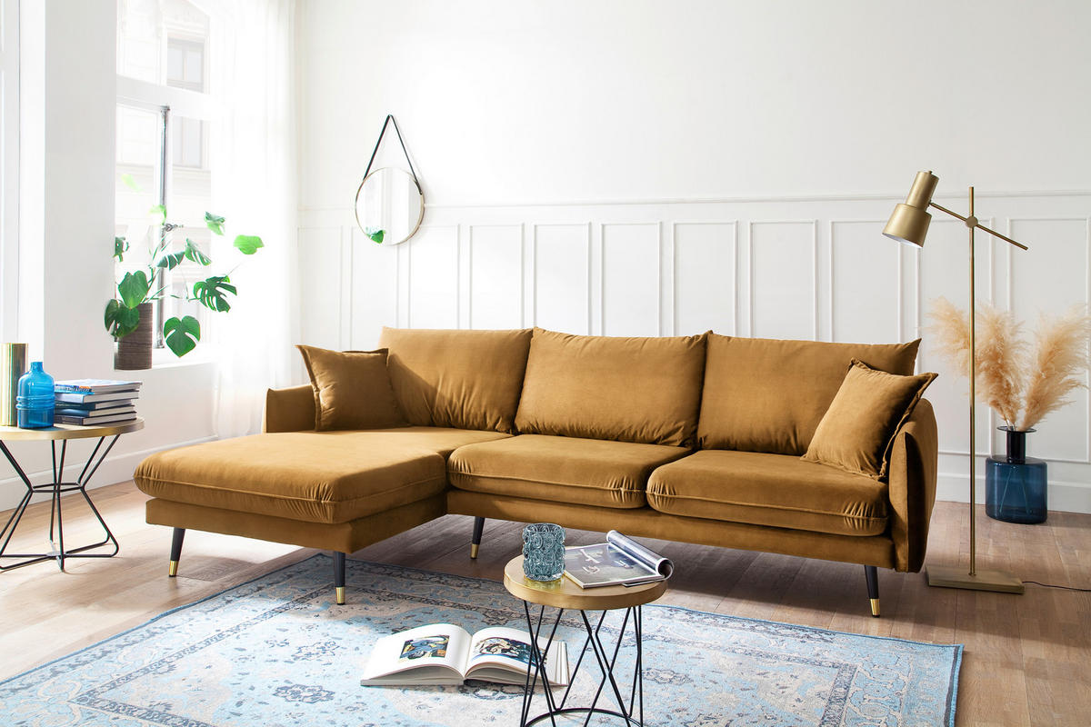 ECKSOFA Eckteil  ROSSANA-REC.2S Senfgelb Samt  - Senfgelb, MODERN, Holz/Textil (258/160cm) - MID.YOU