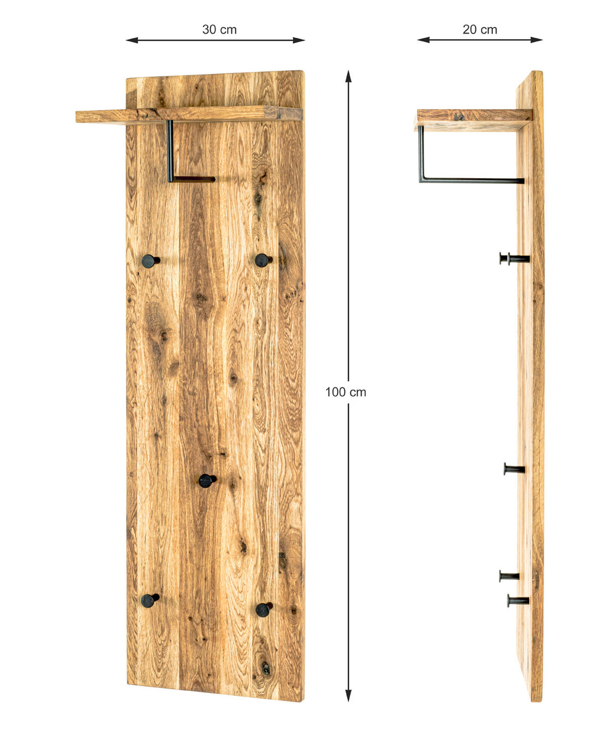 WANDGARDEROBE  in Eiche massiv Schwarz, Eichefarben  - Eichefarben/Schwarz, Basics, Holz/Metall (30/100/20cm)