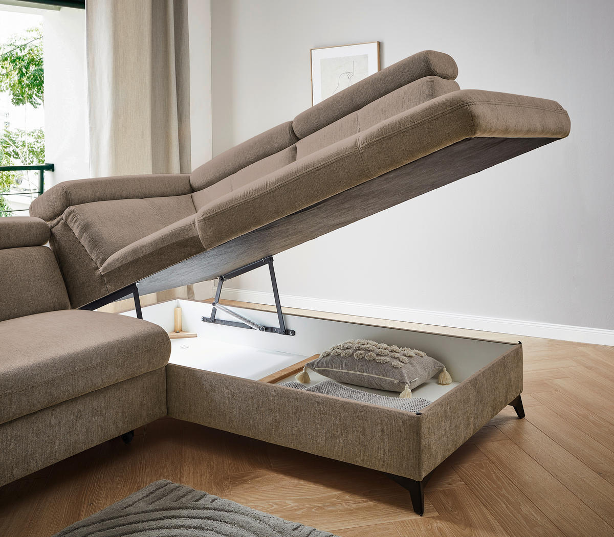 Ecksofa inkl. Funktionen in Chenille Braun, Schlammfarben  - Schlammfarben/Schwarz, Design, Textil/Metall (260/203cm) - Stylife