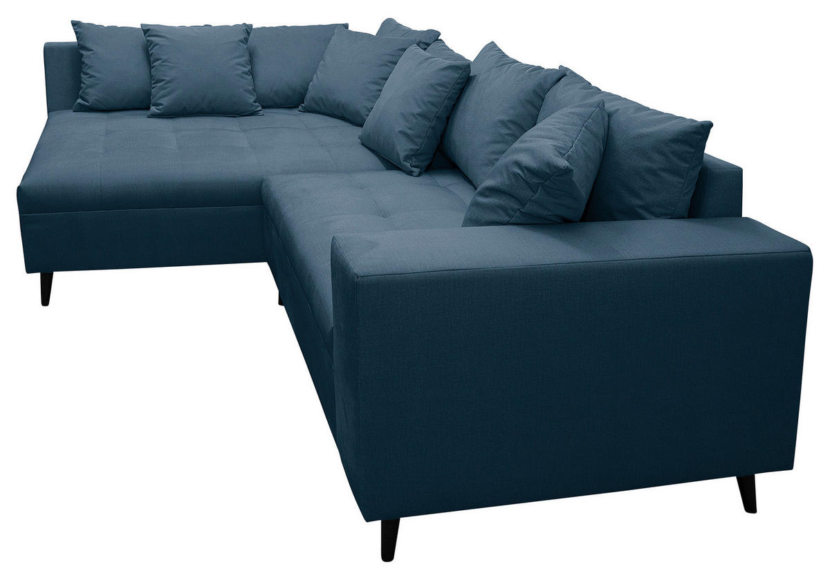 Ecksofa inkl. Hocker in Mikrofaser Dunkelblau  - Schwarz/Dunkelblau, Design, Holz/Textil (174/247cm) - MID.YOU