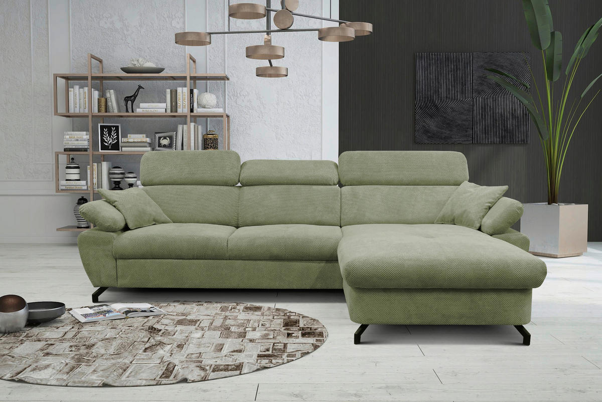 ECKSOFA OMEGA Grün Chenille Zierkissen, Bettkasten  - Schwarz/Grün, Design, Textil/Metall (280/186cm) - MID.YOU