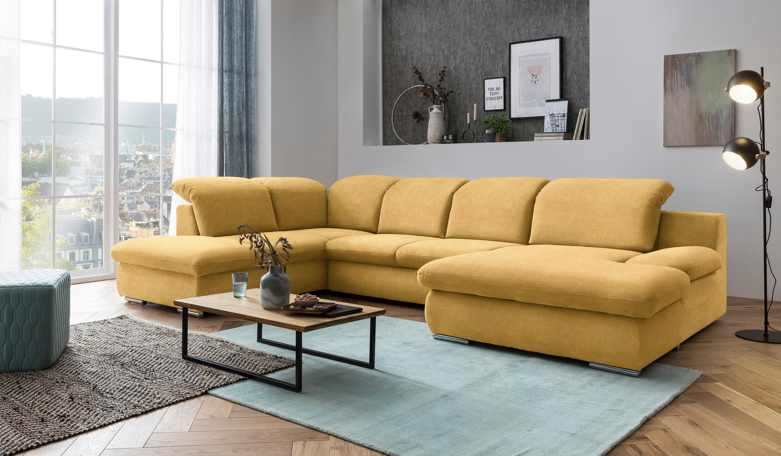 WOHNLANDSCHAFT in Chenille Gelb  - Chromfarben/Gelb, Design, Textil/Metall (212/353/165cm) - Livetastic