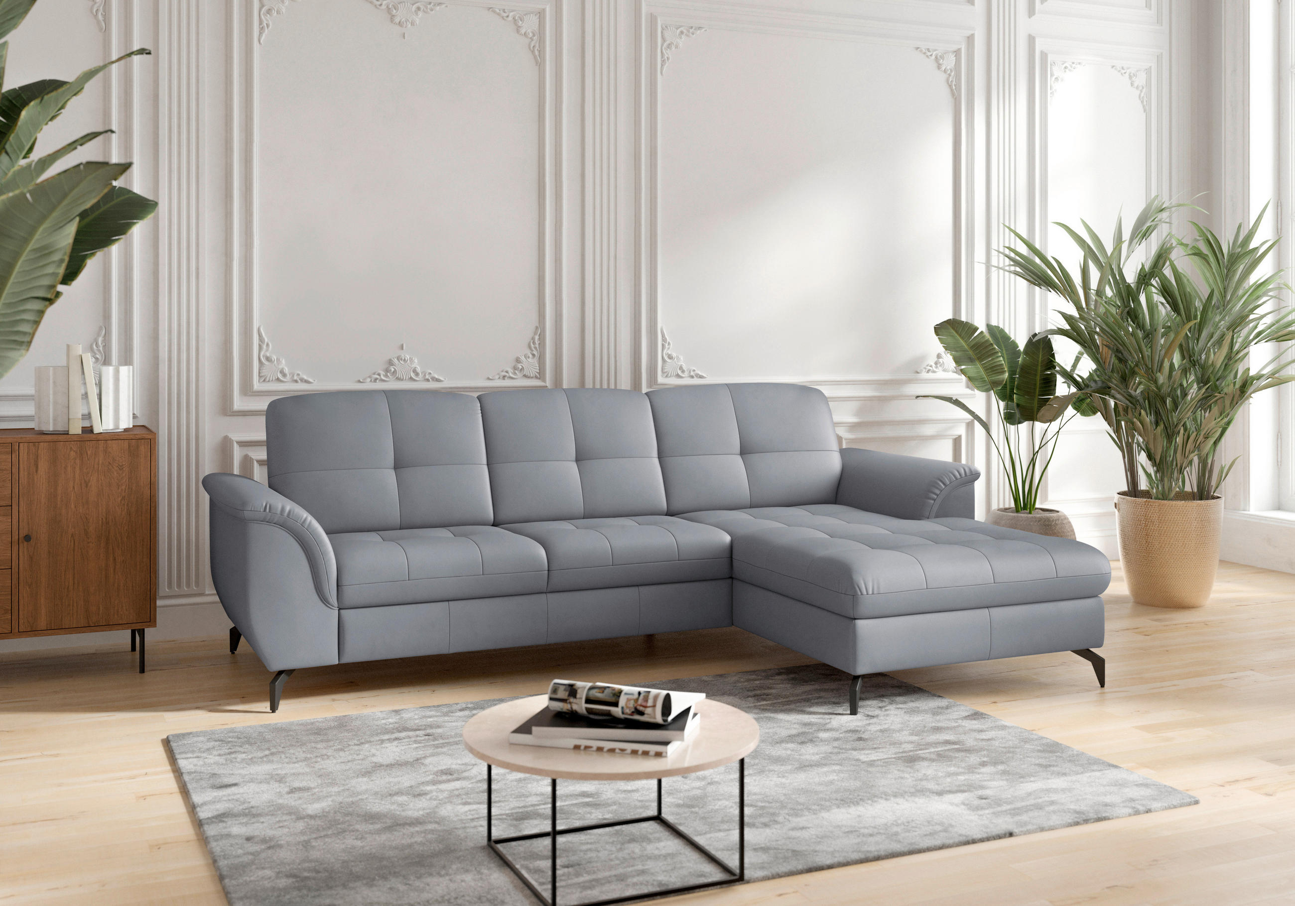 ECKSOFA in Vliesstoff Kombination Echtleder/Stoff Graublau  262/164 cm  - Graublau/Schwarz, MODERN, Leder/Textil (262/164cm) - Sit & More