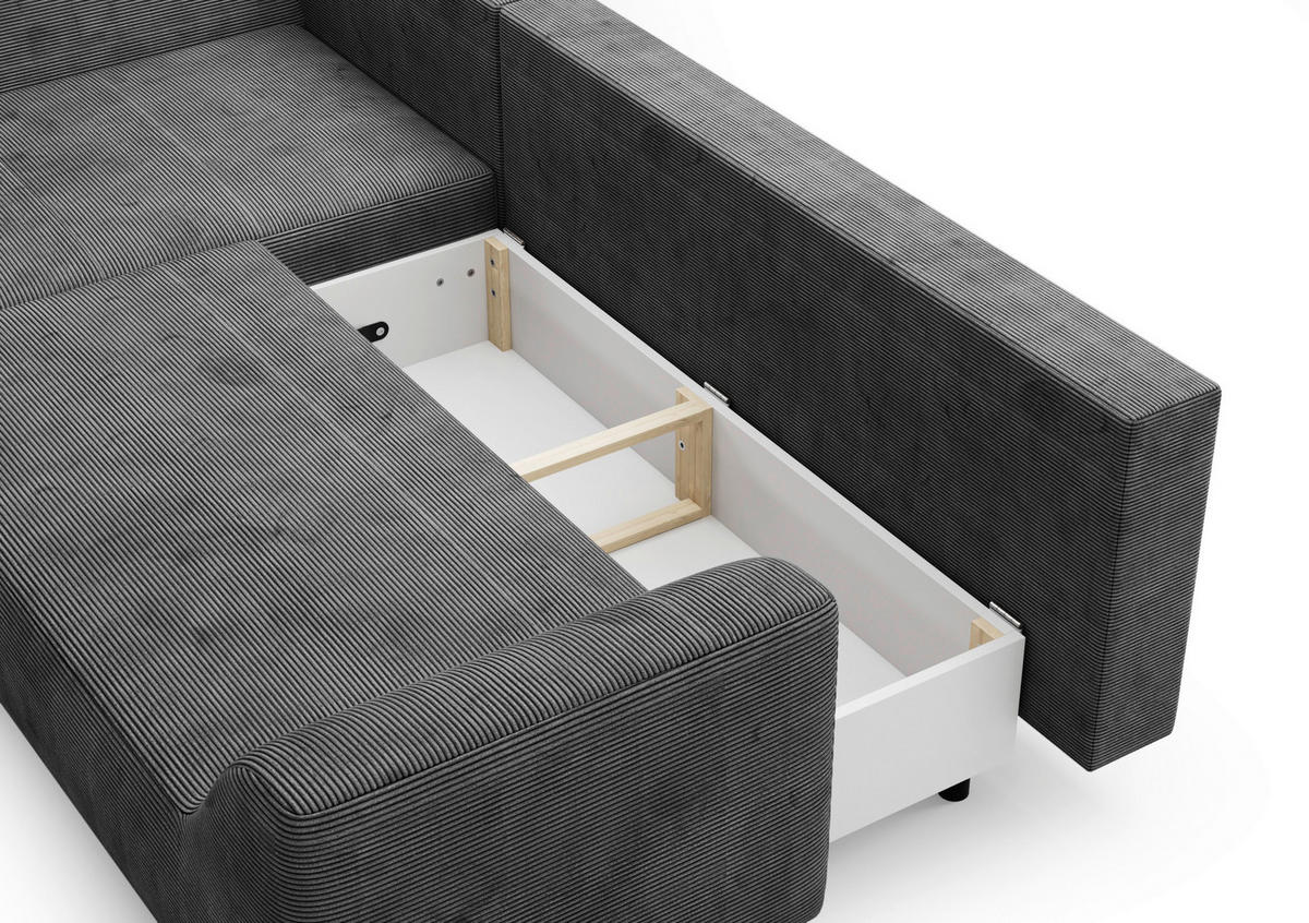 ECKSCHLAFSOFA  mit Bettkasten erhältlich, seitenverkehrt erhältlich, Schlafen auf Sitzhöhe, Bettfunktion erhältlich, Rücken echt Cord Silberfarben  - Silberfarben/Schwarz, Design, Textil/Metall (167/273cm) - MID.YOU