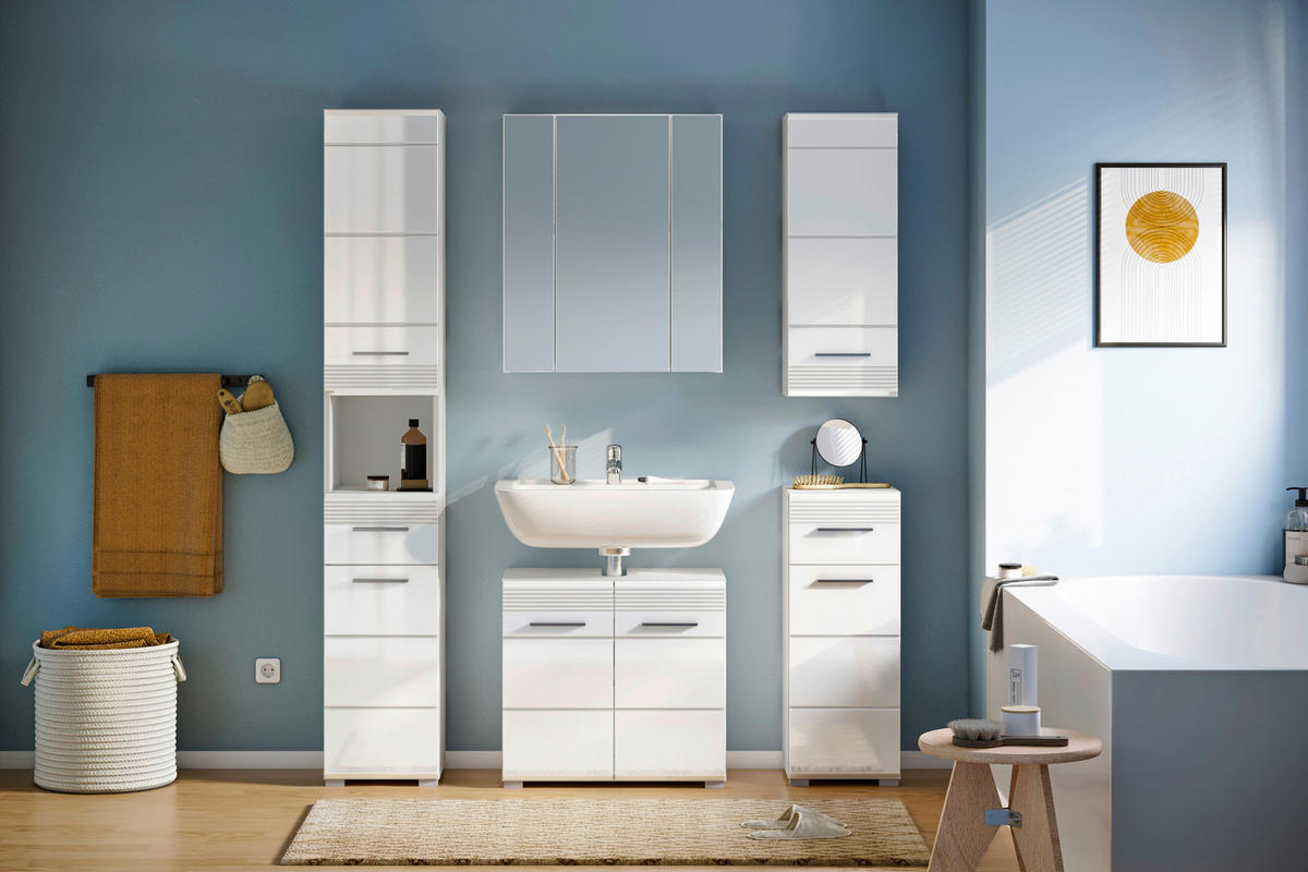 BADEZIMMER 5-teilig  in 120 cm  - Weiß Hochglanz/Silberfarben, MODERN, Glas/Holzwerkstoff (120cm) - MID.YOU