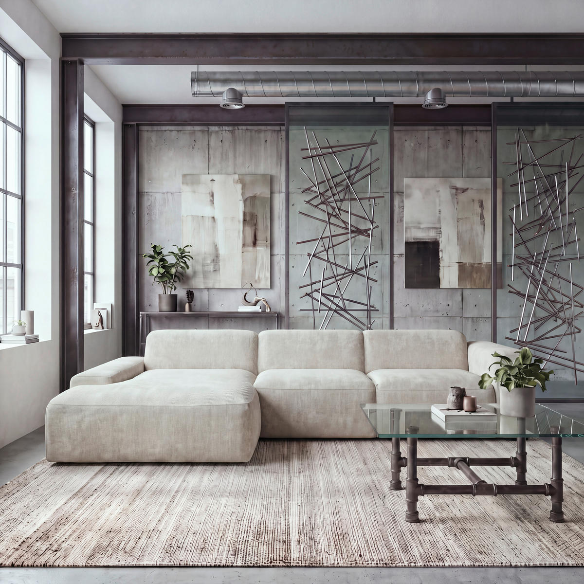 ECKSOFA HANNAH Beige Cord  - Beige/Schwarz, Design, Kunststoff/Textil (170/343cm) - MID.YOU