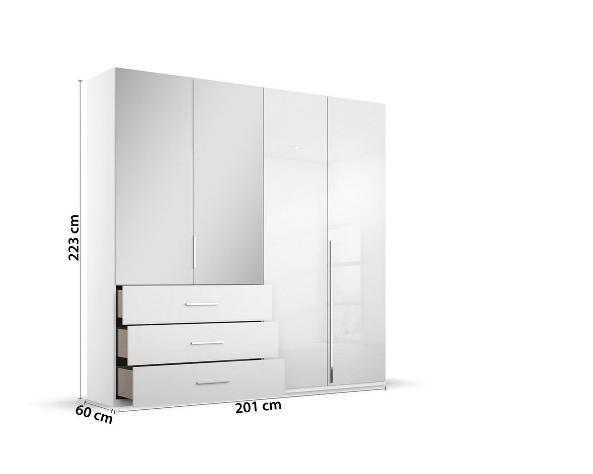 DREHTÜRENSCHRANK in Weiss, Weiss Hochglanz  - Weiss Hochglanz/Chromfarben, Design, Glas/Holzwerkstoff (201/223/60cm) - home24