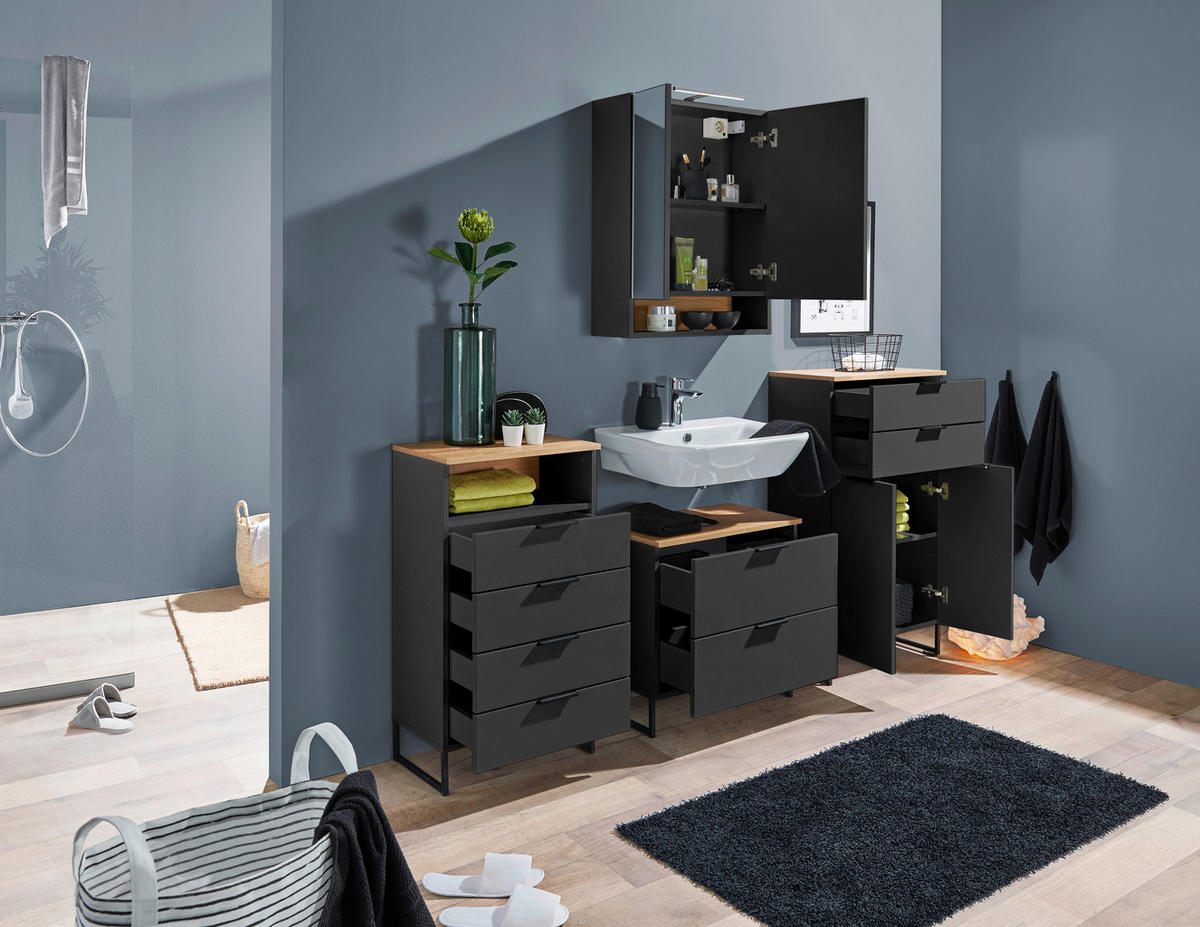 WASCHBECKENUNTERSCHRANK 60/60/35 cm  - Eichefarben/Schwarz, KONVENTIONELL, Holzwerkstoff/Metall (60/60/35cm) - home24
