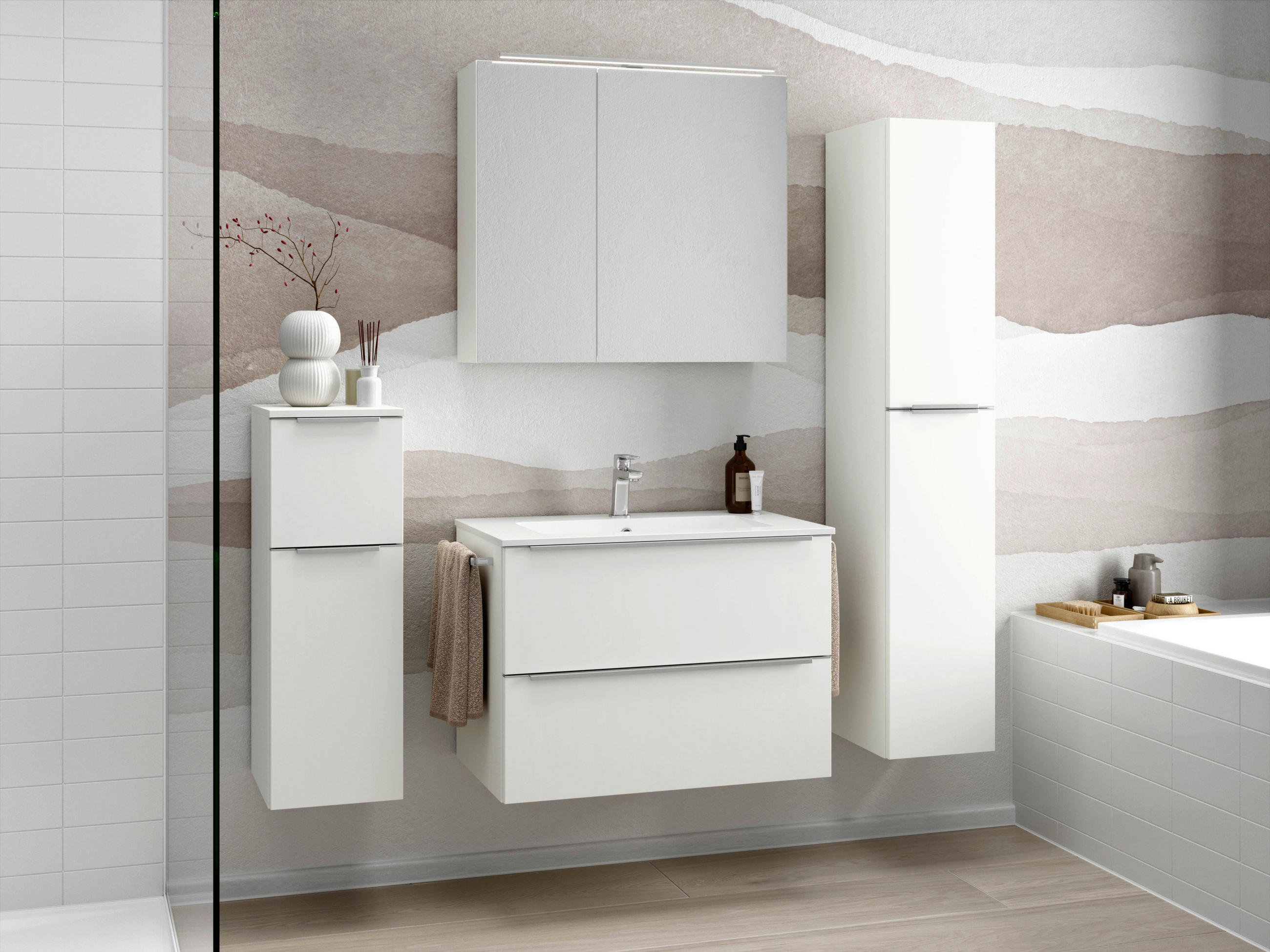 BADEZIMMER 5-teilig  in 141 cm  - Edelstahlfarben/Weiß, MODERN, Holzwerkstoff/Stein (141cm) - Nobilia