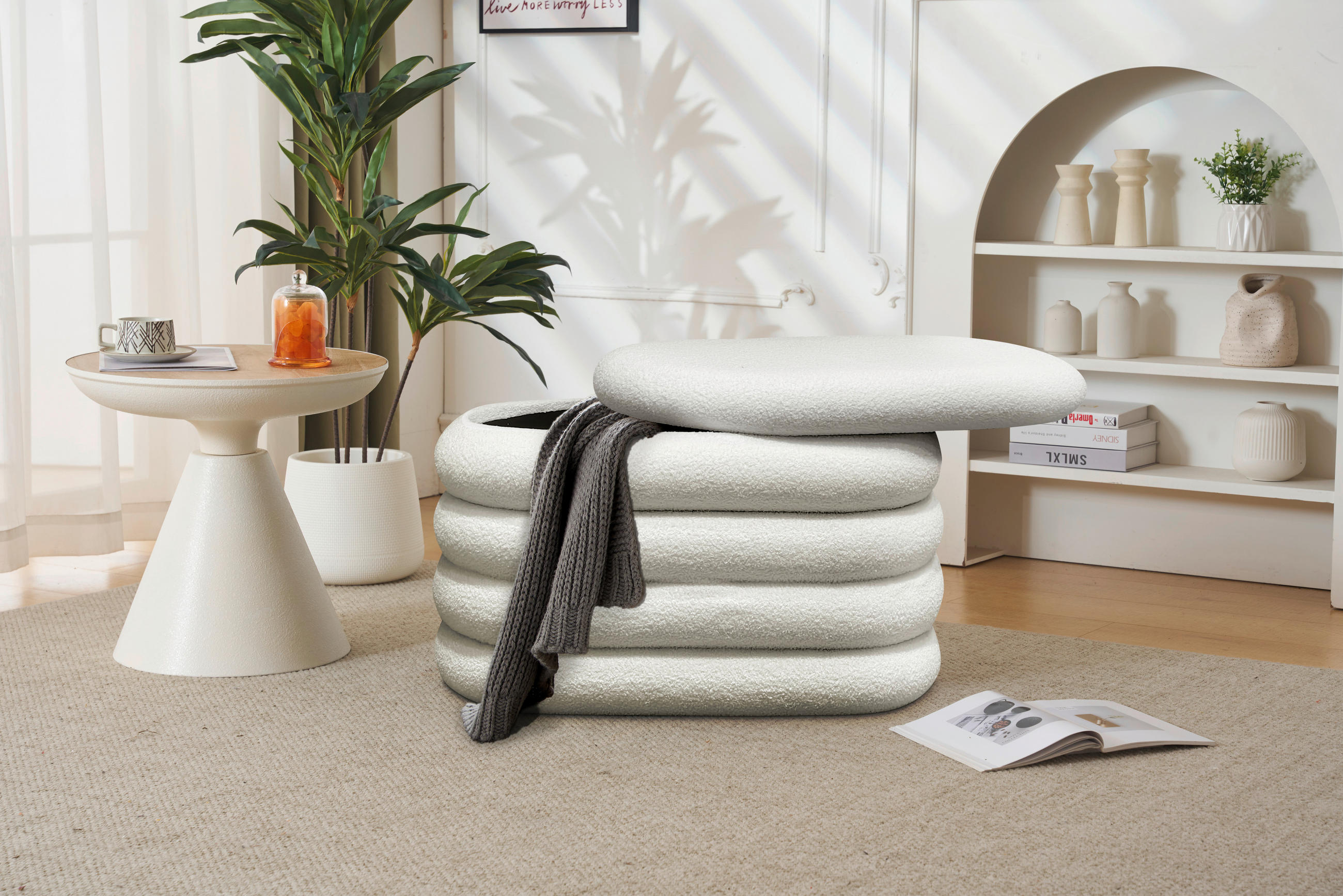 TRUHENBANK 85/42/42 cm Teddystoff Weiß Pappel Sperrholz  - Weiß, Trend, Holz/Textil (85/42/42cm) - Xora