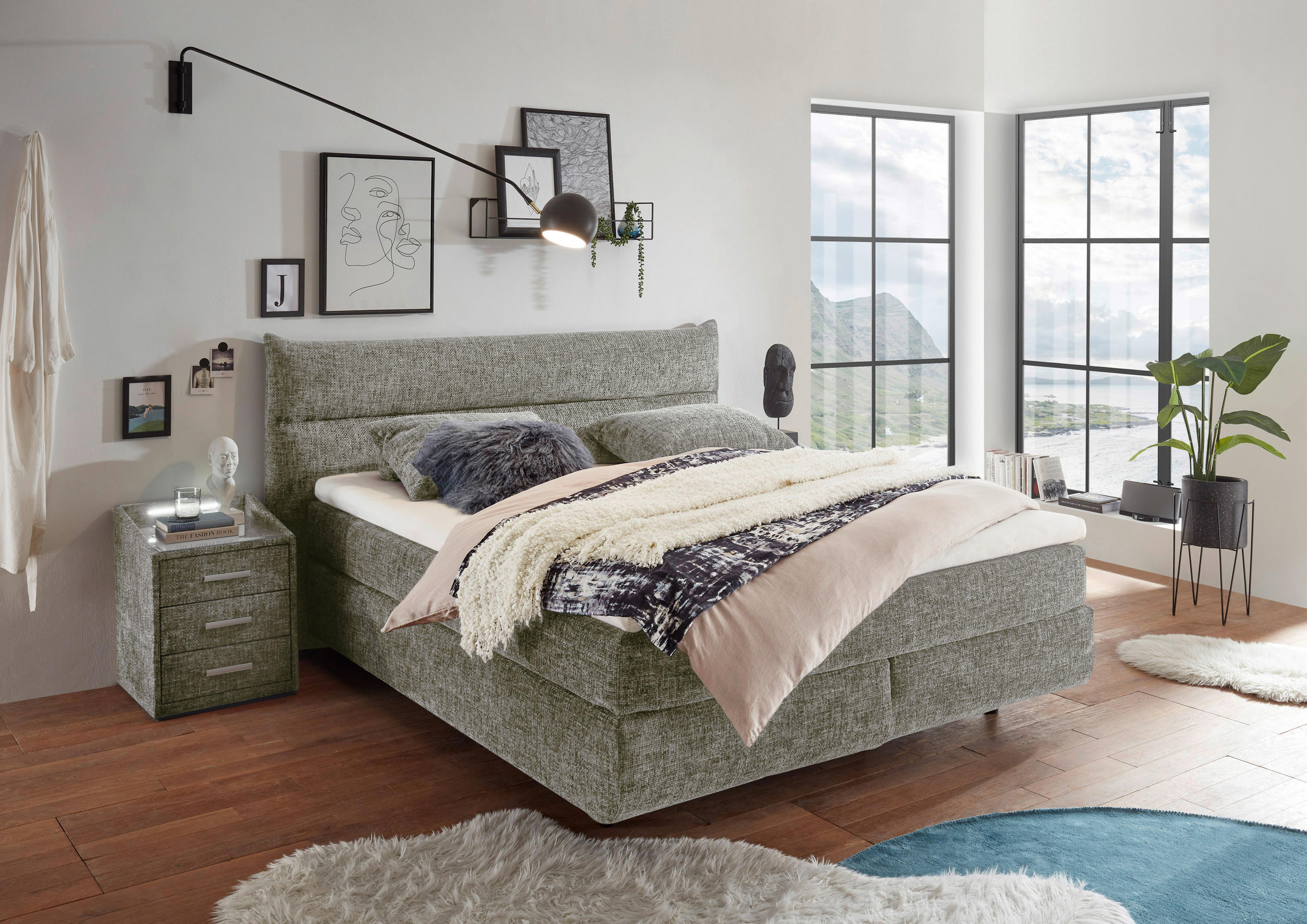 BOXSPRINGBETT 180/200 cm  in Olivgrün, Graubraun  - Graubraun/Schwarz, MODERN, Holzwerkstoff/Kunststoff (180/200cm) - MID.YOU