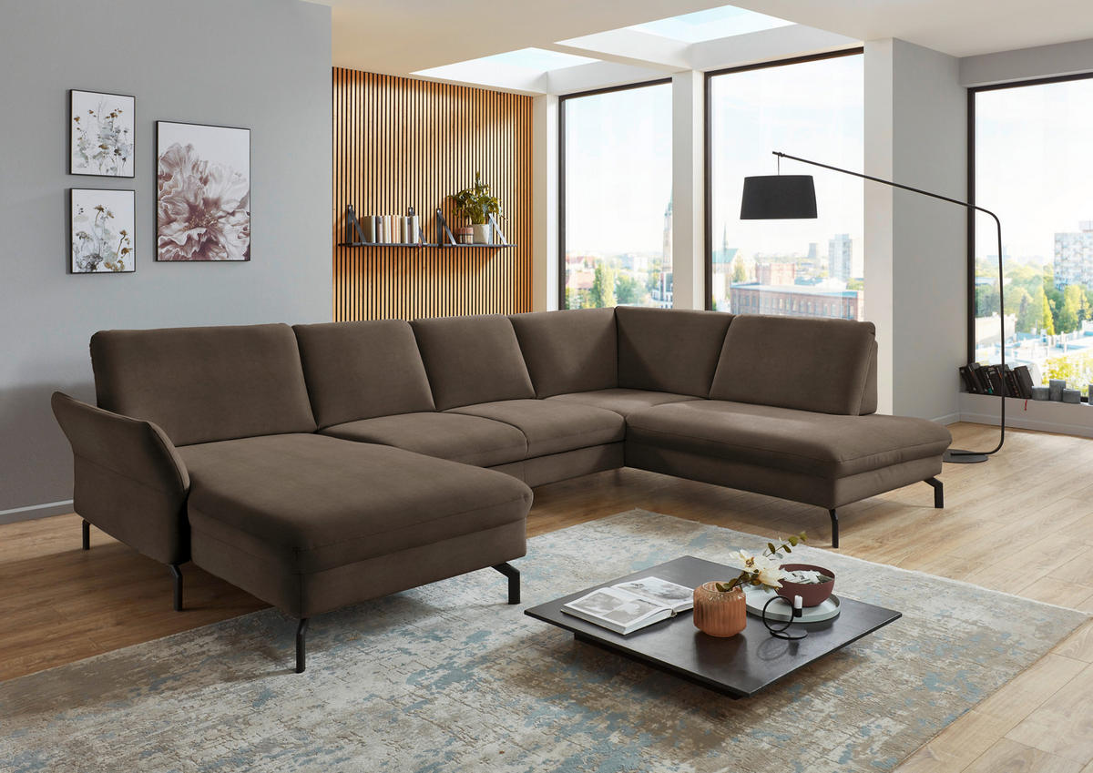 WOHNLANDSCHAFT in Velours Braun  - Schwarz/Braun, Design, Textil/Metall (179/335/220cm) - Beldomo System