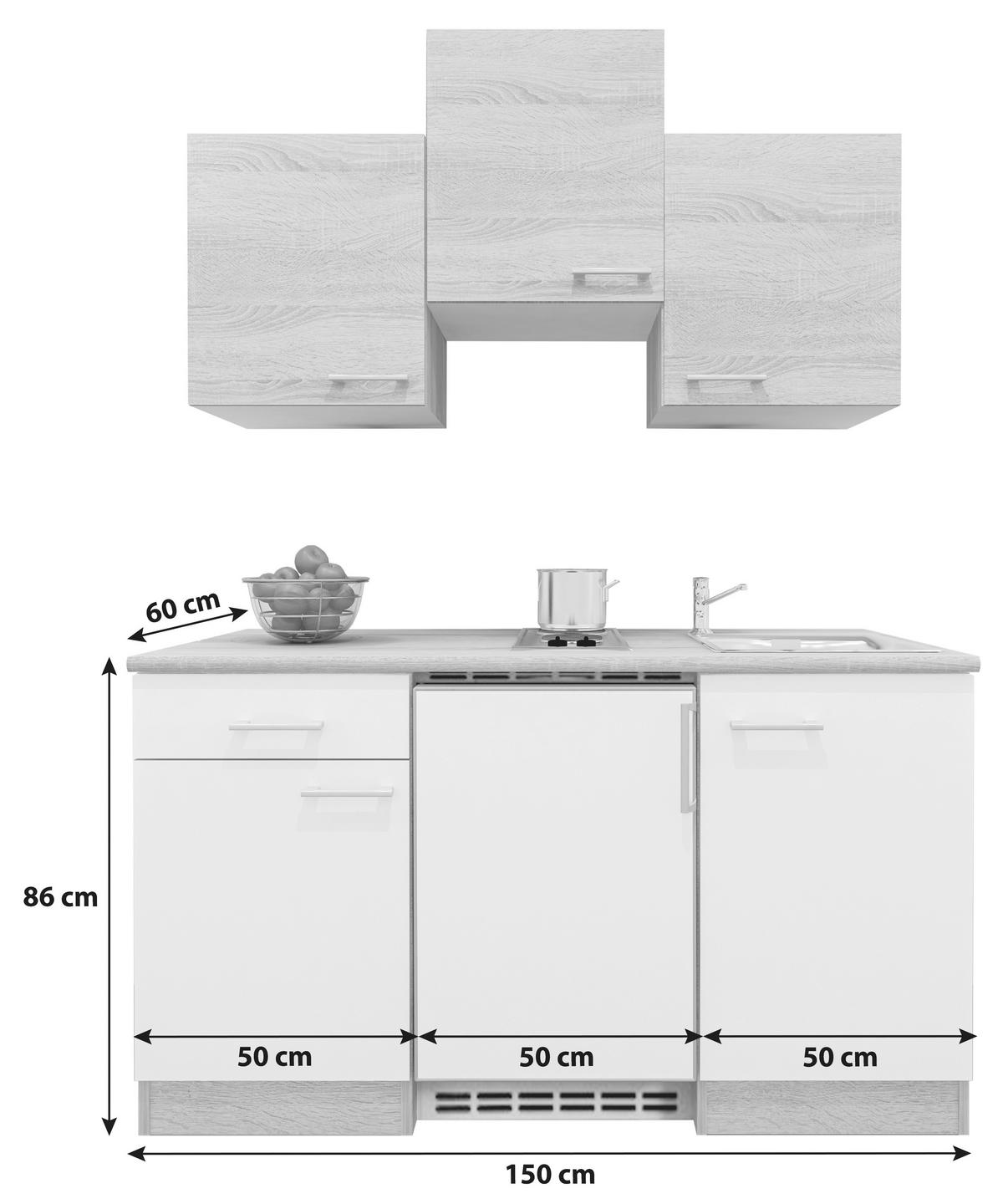 MINIKÜCHE   in Weiß, Sonoma Eiche  - Alufarben/Weiß, KONVENTIONELL, Holzwerkstoff/Kunststoff (150,5/205/60cm) - FlexWell