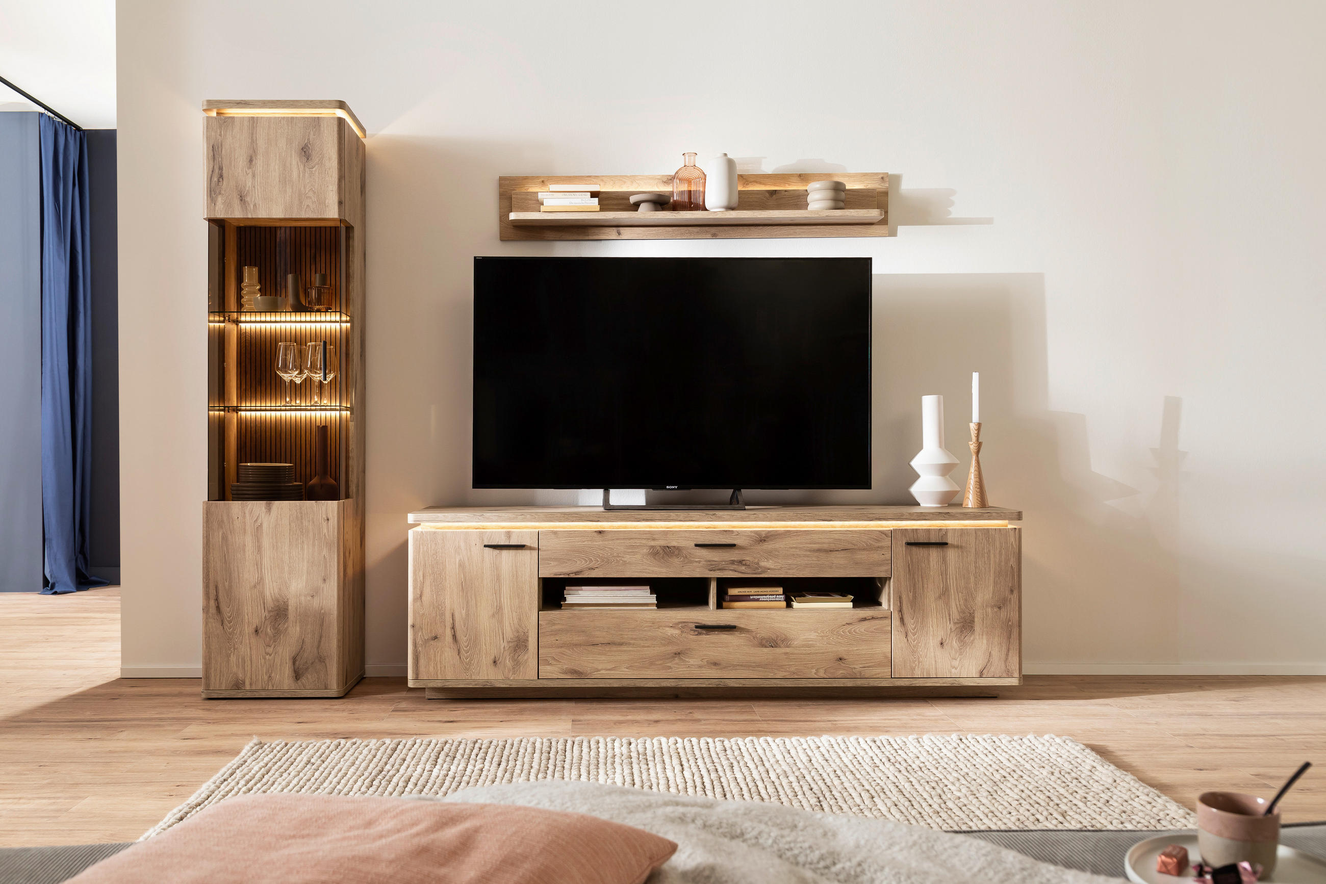 WOHNWAND 3-teilig  in Eichefarben  270/208/50 cm  - Eichefarben/Anthrazit, KONVENTIONELL, Glas/Holzwerkstoff (270/208/50cm) - Cantus