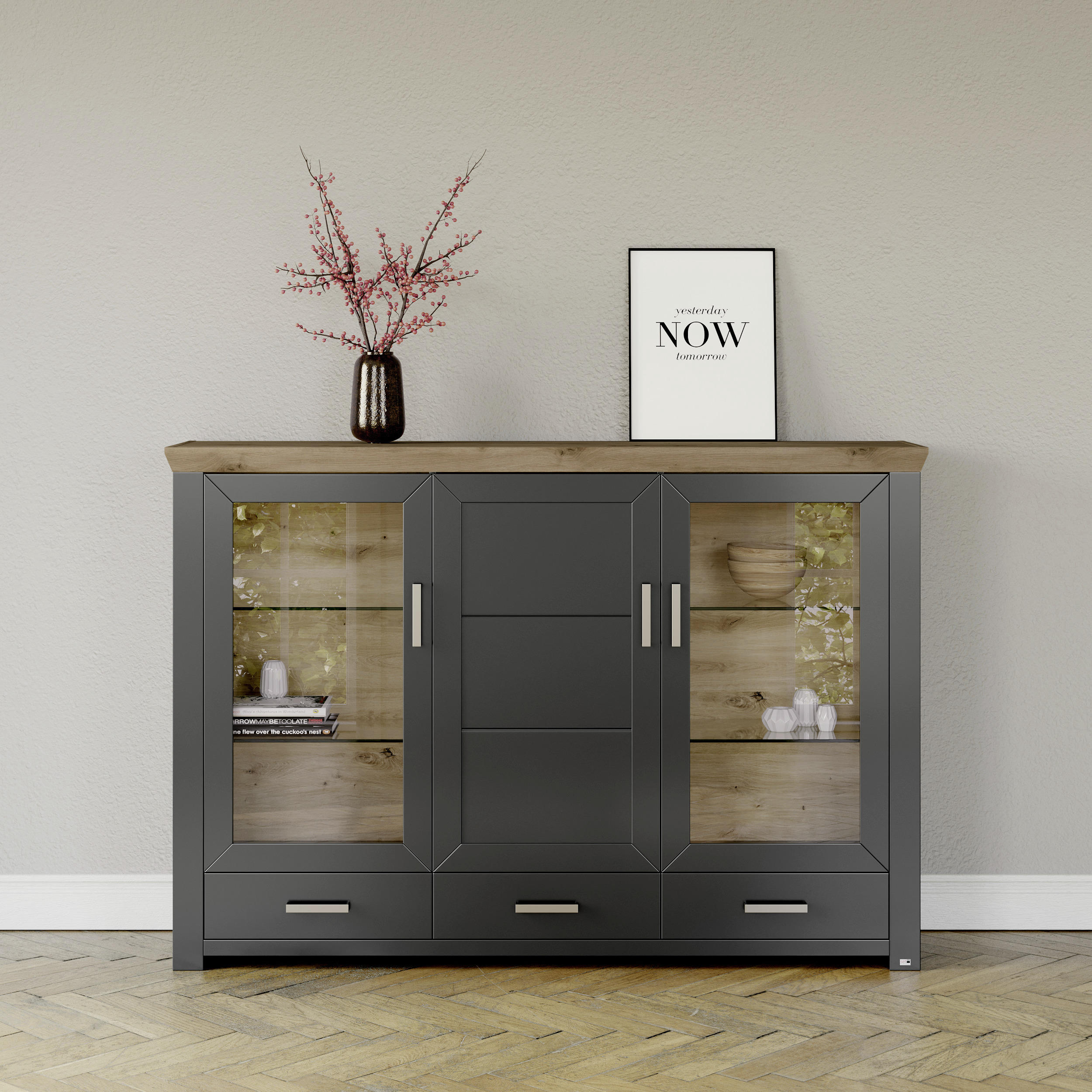 HIGHBOARD Graphitfarben, Eiche Artisan - Graphitfarben/Eiche Artisan, Design, Glas/Holzwerkstoff (184,1/126,6/44,2cm) - SetOne by Musterring