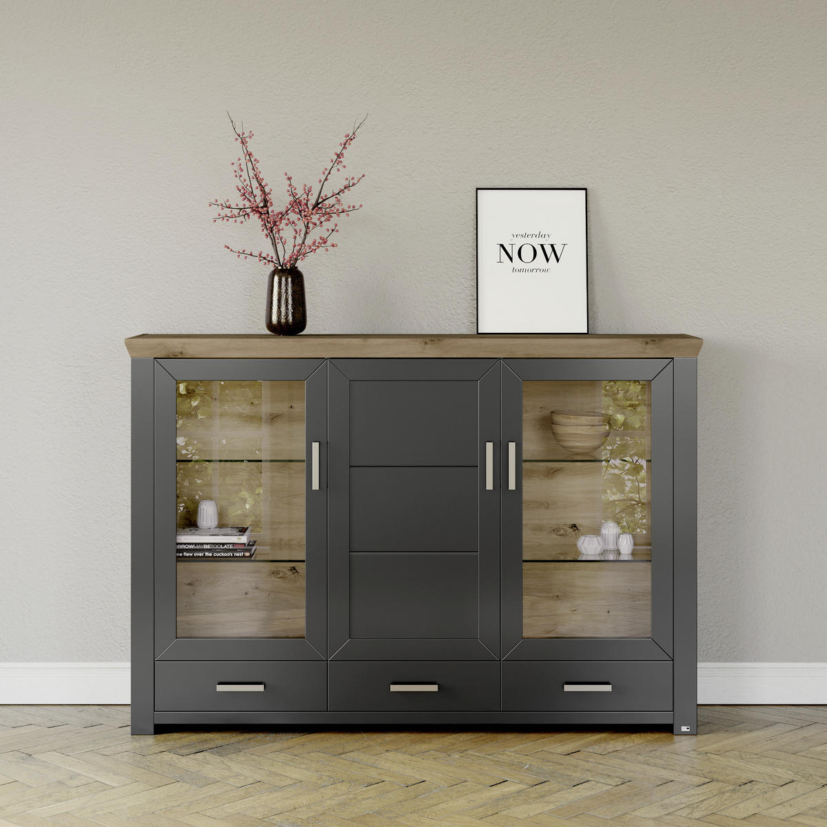 HIGHBOARD  in 184,1/126,6/44,2 cm  - Graphitfarben/Eiche Artisan, Design, Glas/Holzwerkstoff (184,1/126,6/44,2cm) - SetOne by Musterring
