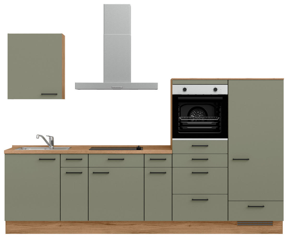 KÜCHENBLOCK Senso 300 cm  in Eichefarben, Olivgrün  - Eichefarben/Schwarz, MODERN, Holzwerkstoff/Metall (300cm) - Nobilia