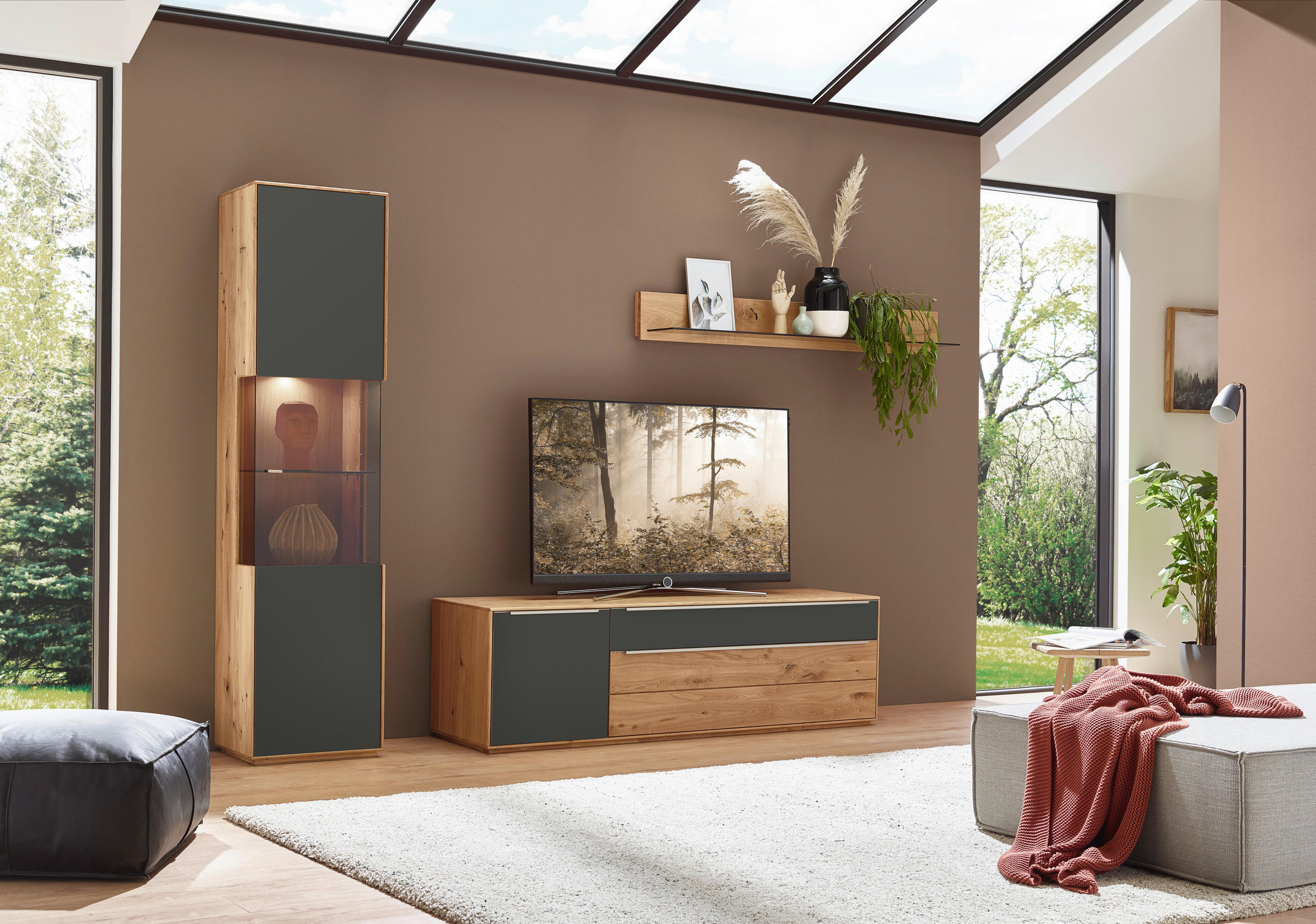 VITRINE in furniert, massiv Wildeiche Grau, Wildeiche  - Wildeiche/Silberfarben, Design, Glas/Holz (50/204/40cm) - Waldwelt