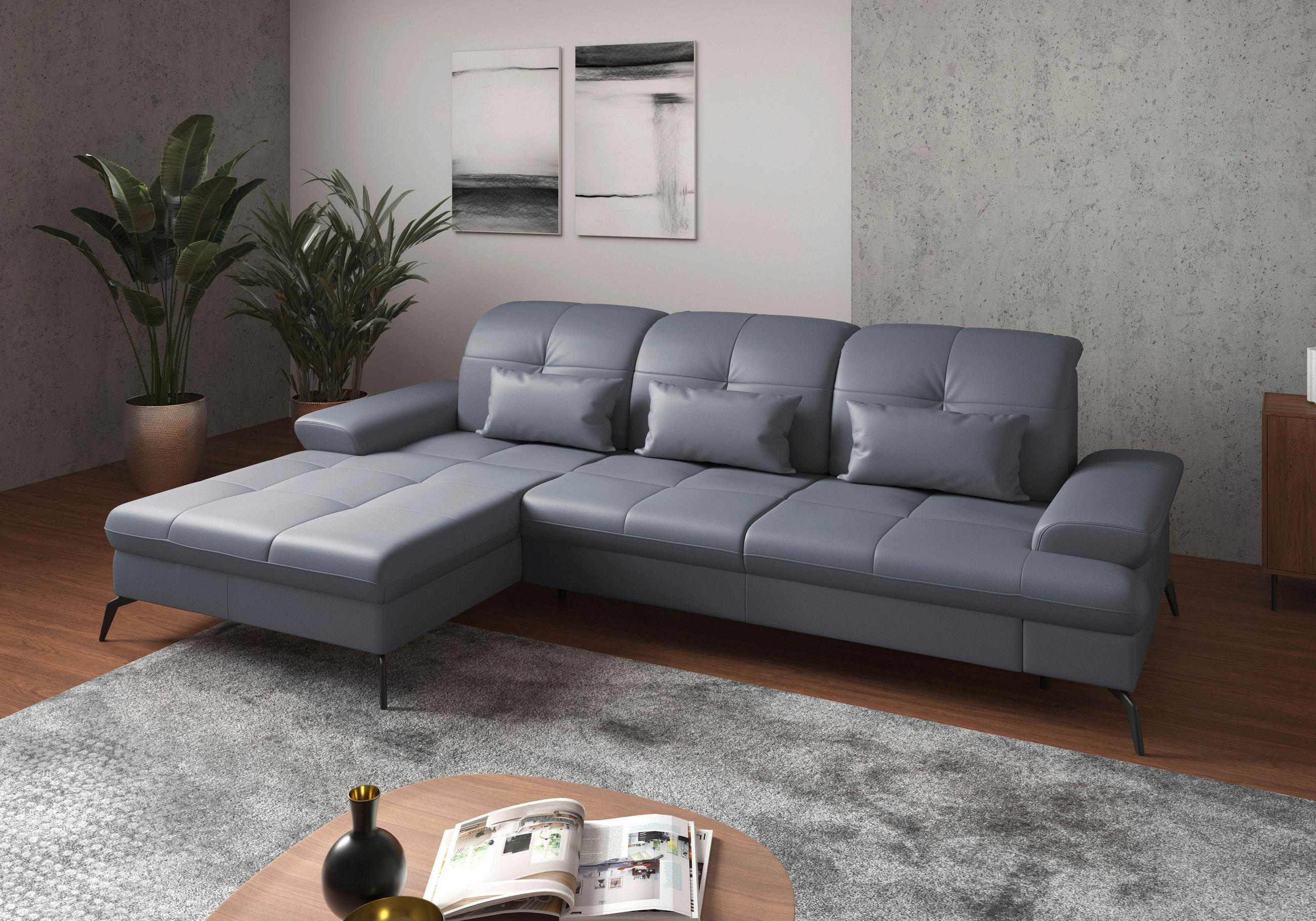 ECKSOFA Graublau Kombination Echtleder/Stoff Vliesstoff  - Graublau/Schwarz, KONVENTIONELL, Leder/Textil (185/279cm) - Sit & More