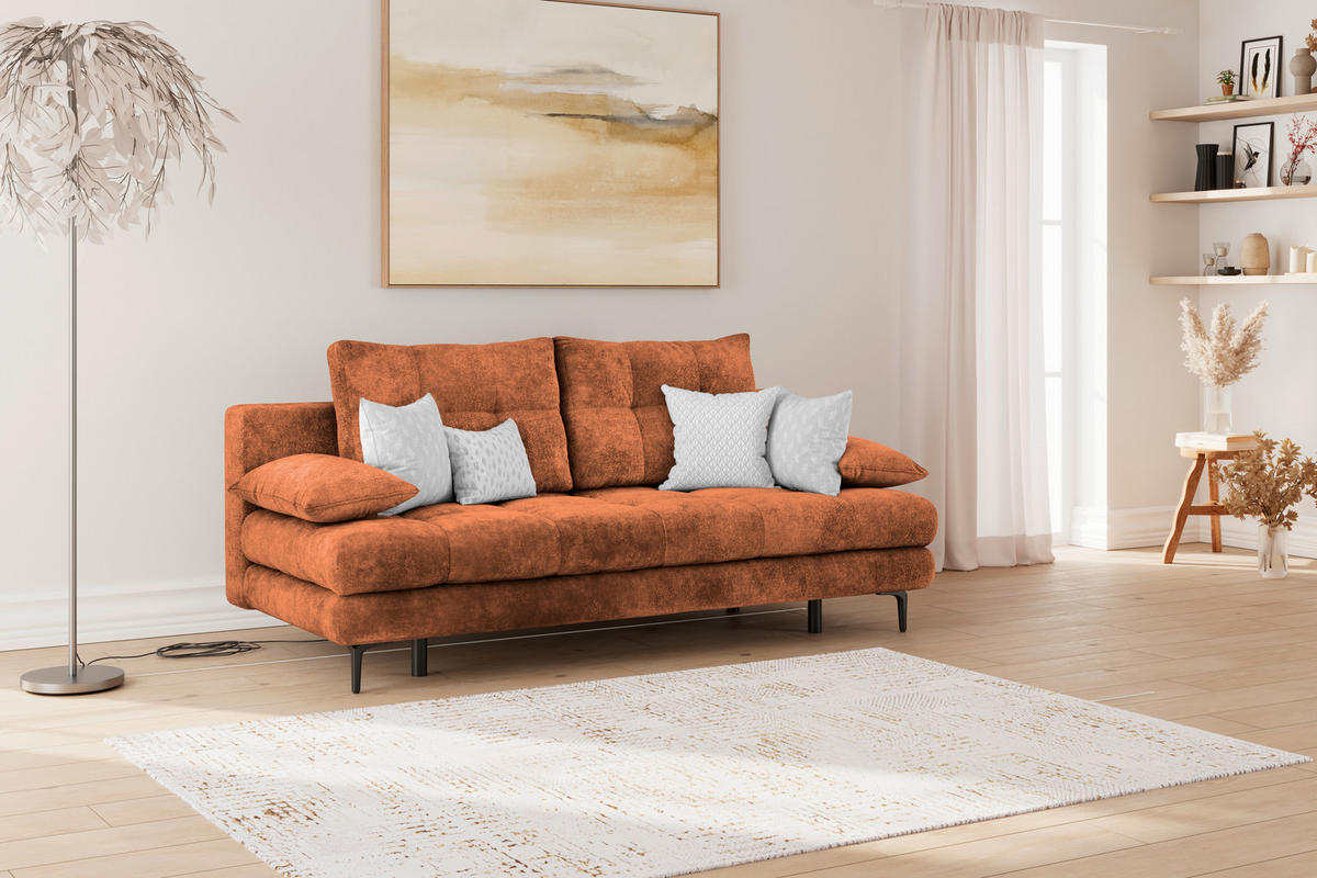 SCHLAFSOFA  mit Liegefunktion, Schlafen auf Sitzhöhe, Rücken echt Chenille Terracotta  - Terracotta/Schwarz, KONVENTIONELL, Textil/Metall (203/94/96cm) - Carryhome