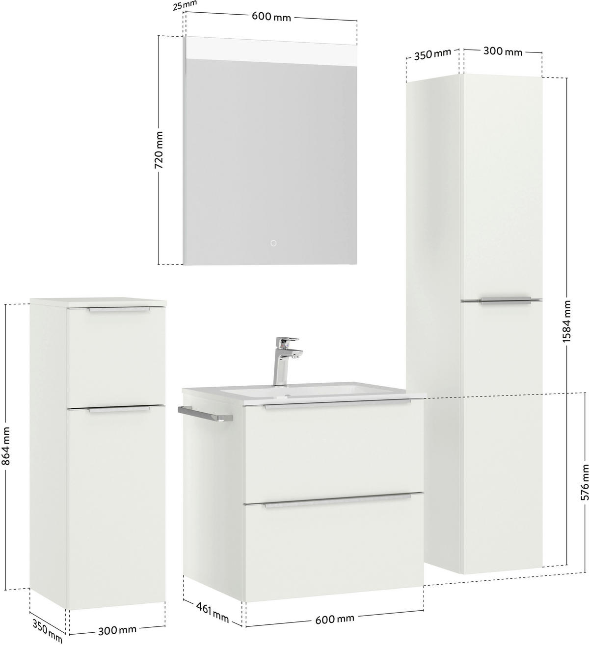BADEZIMMER 5-teilig  in 121 cm  - Edelstahlfarben/Weiß, MODERN, Holzwerkstoff/Stein (121cm) - Nobilia