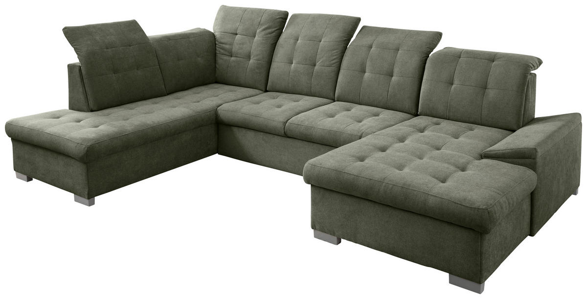 WOHNLANDSCHAFT in Chenille Dunkelgrün  - Chromfarben/Dunkelgrün, Modern, Kunststoff/Textil (212/330/169cm) - Livetastic