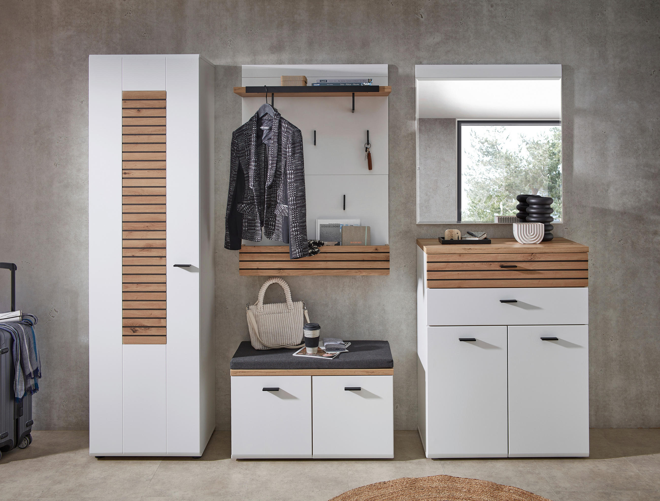 GARDEROBE 5-teilig in 245/201/40 cm - Weiss/Schwarz, Design, Glas/Holzwerkstoff (245/201/40cm) - Livetastic