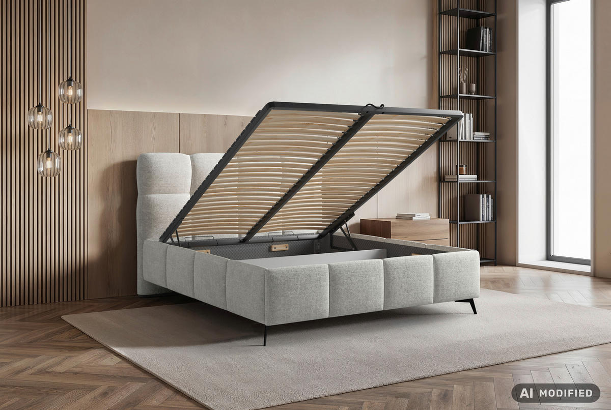 POLSTERBETT 140/200 cm,  in Naturfarben, gepolstertes Kopfteil, Lattenrost,  - Schwarz/Bronzefarben, Design, Holz/Textil (140/200cm) - Chameo