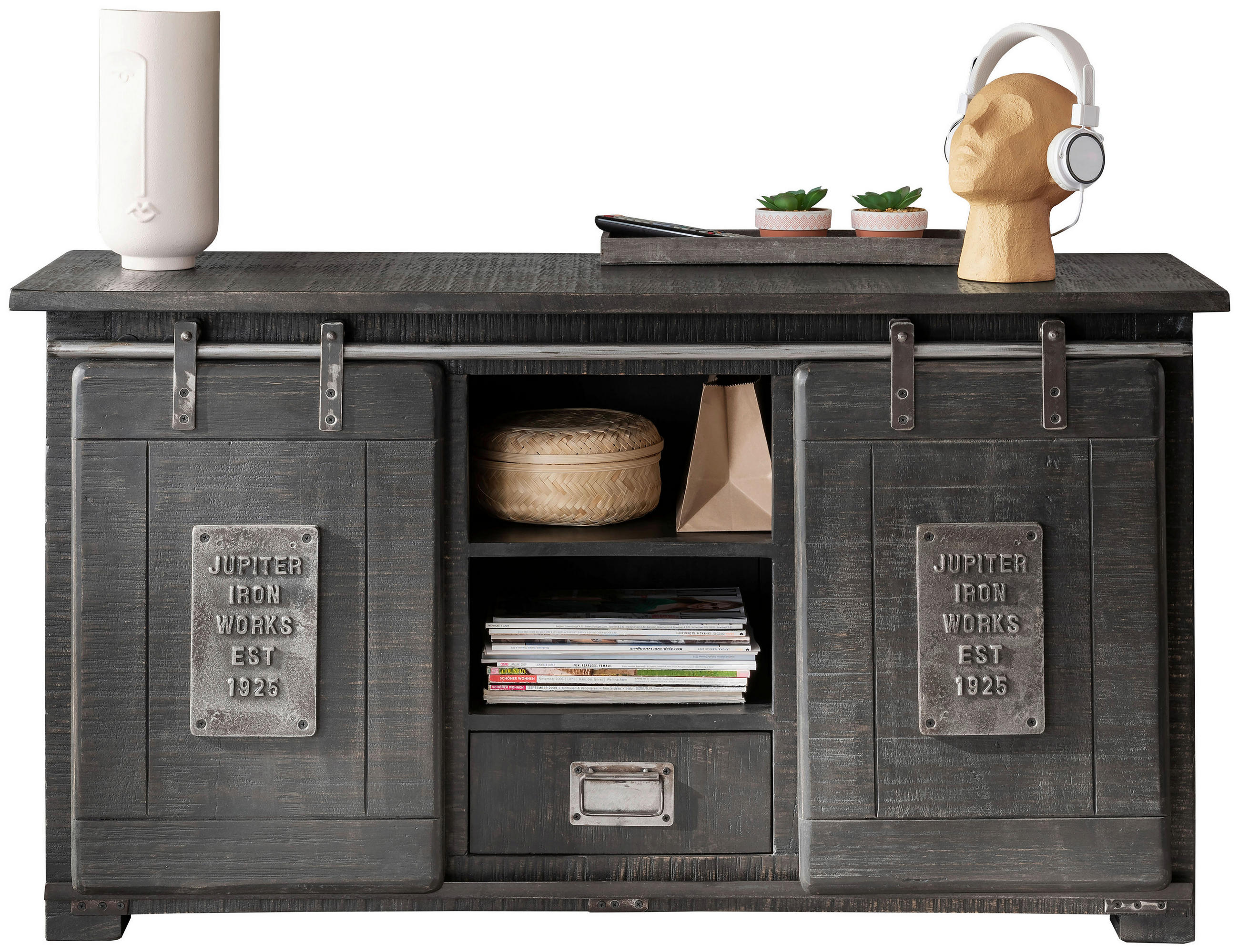 TV-ELEMENT - Schwarz/Grau, KONVENTIONELL, Holz/Metall (128/70/45cm) - Livetastic